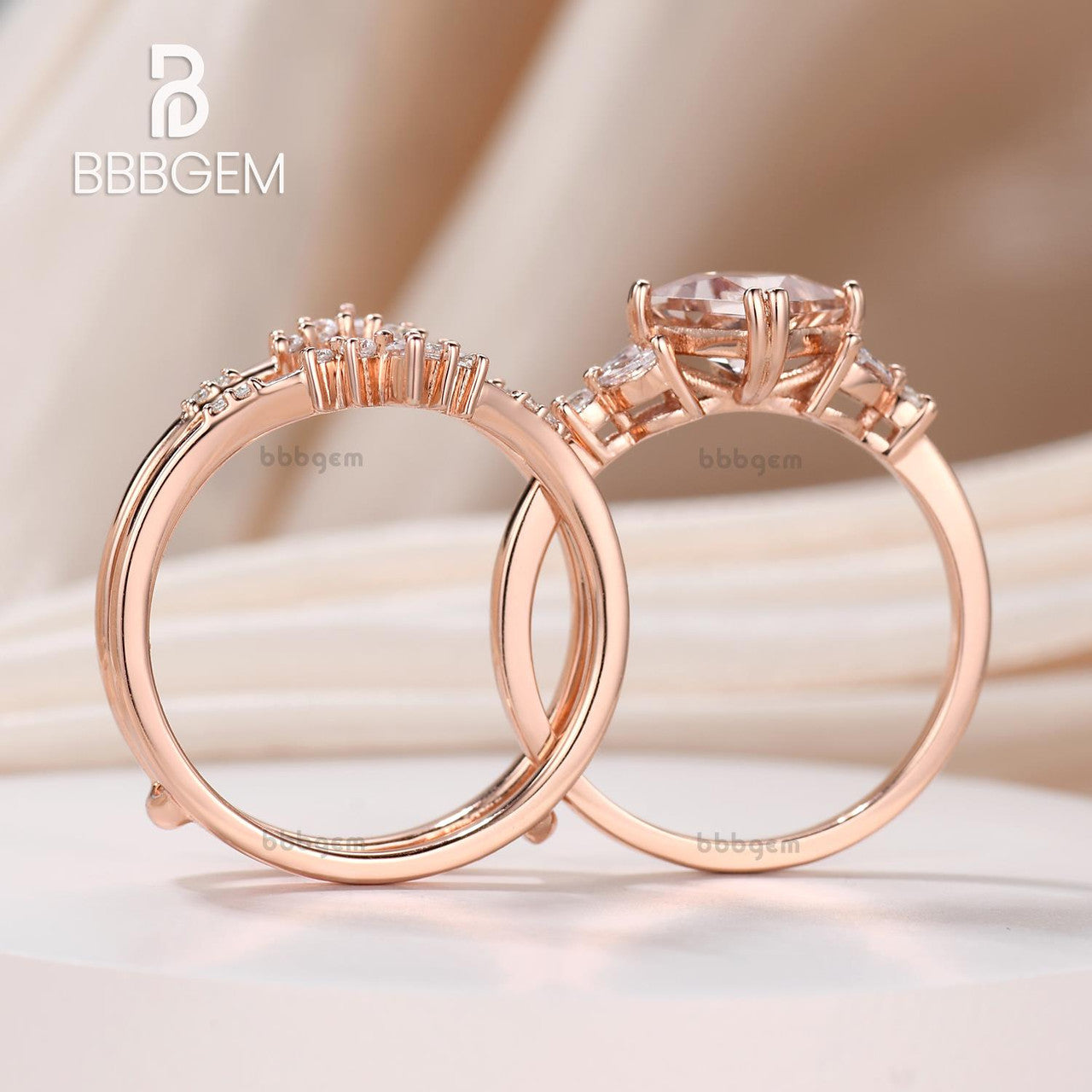 Princess Cut Peach Morganite Bridal Ring Set with Diamond Double Curved Enhancer Band | Elegant Wedding, Engagement & Anniversary Jewelry Gift for Her