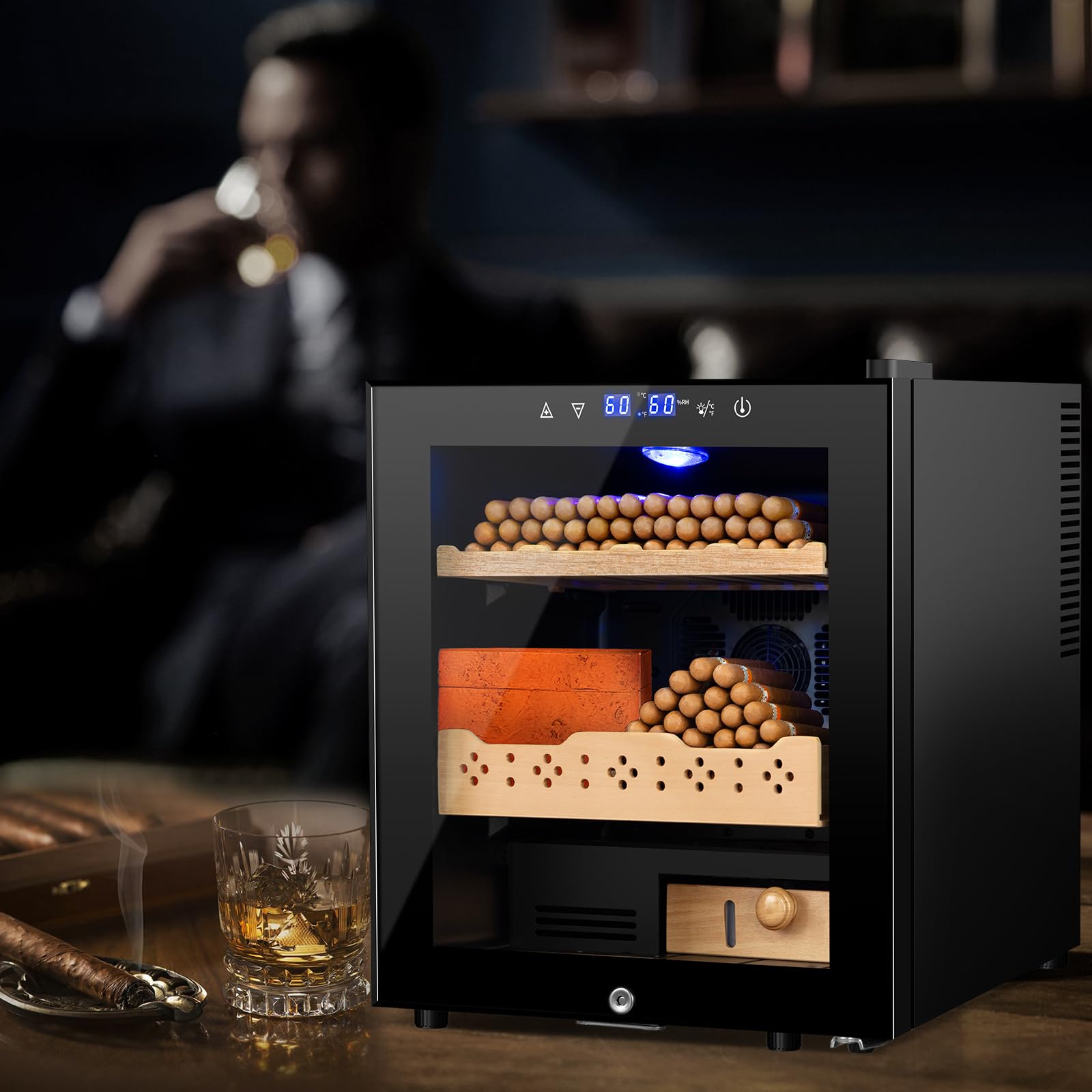 50L Electric Humidor for Cigars - 300 Count Large Capacity Thermostatic Desktop Humidor Cabinet with Digital LED Display, Safety Lock & Smart Humidity/Temperature Control - Perfect for Home, Office or as Gifts for Men (Cigar Enthusiasts, Collectors)