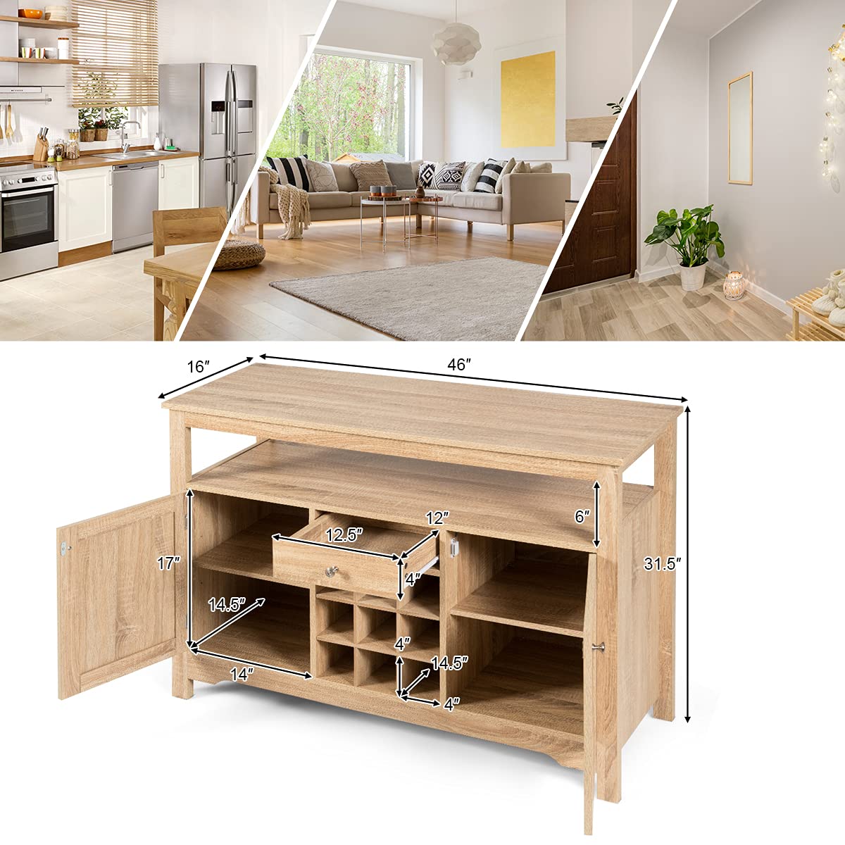 PETSITE Sideboard Buffet Cabinet with Storage - Wine Rack, Open Shelf, 2 Cabinets & Drawer - Wood Accent Coffee Bar Station Console Table for Kitchen, Living Room, Entryway - Perfect for Home Decor, Dining Room Storage & Entertainment Serving