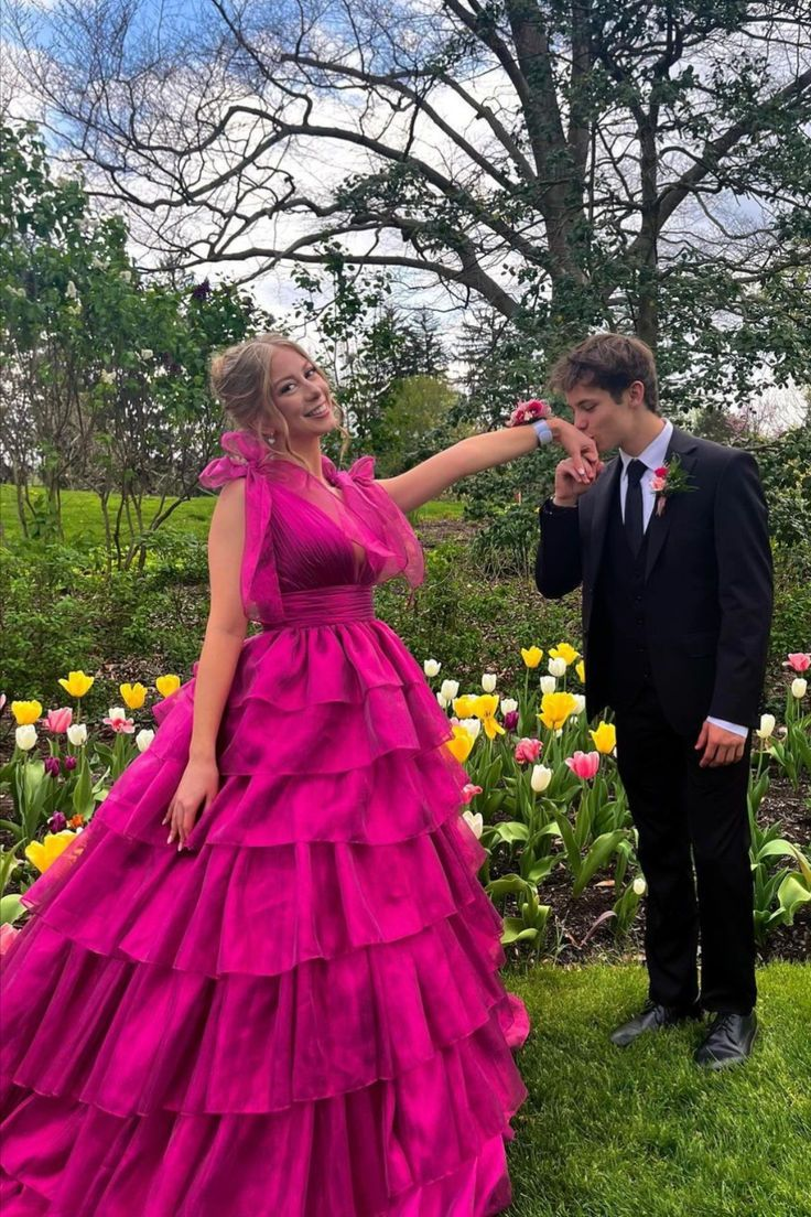 Elegant A-Line Tiered Long Prom Dress in Pink - Formal Evening Gown for Party, Homecoming, Wedding Guest | Style J5235