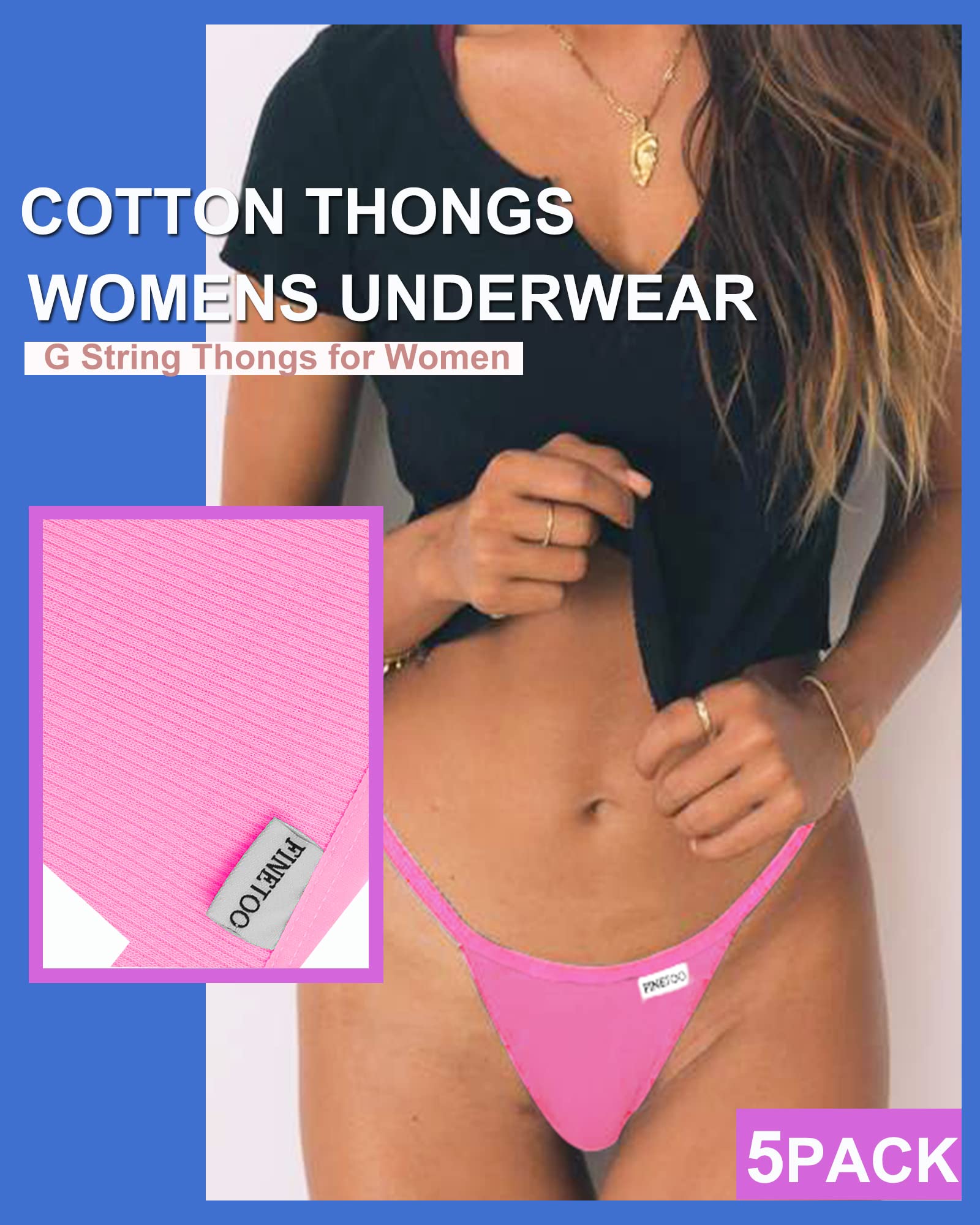 FINETOO 10 Pack Women's Cotton G-String Thongs - Stretch T-Back Tangas Low Rise Hipster Underwear - Sexy Comfortable Panties S-XL - Perfect for Daily Wear, Date Night & Special Occasions