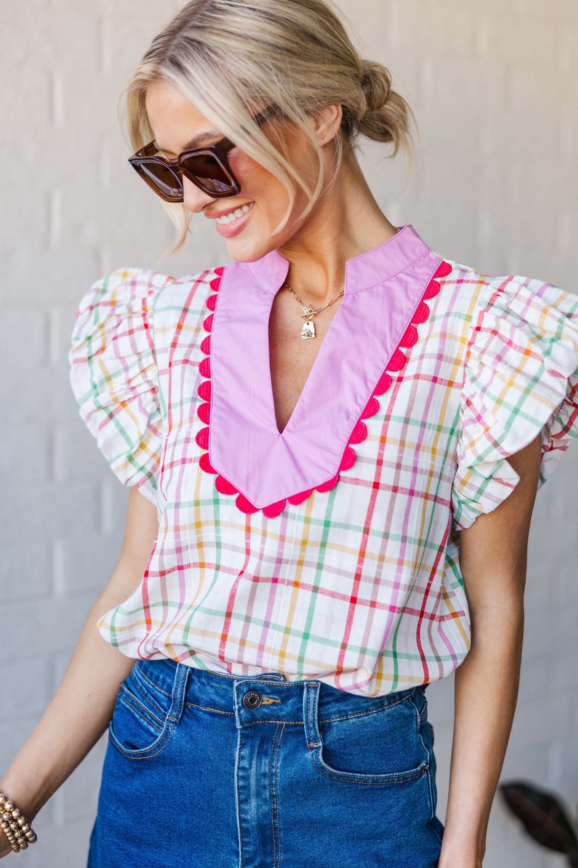 Forever Mine Off White Plaid Blouse for Women - Stylish Casual Shirt with Button Front & Long Sleeves - Perfect for Office, Date Night & Fall Outfits