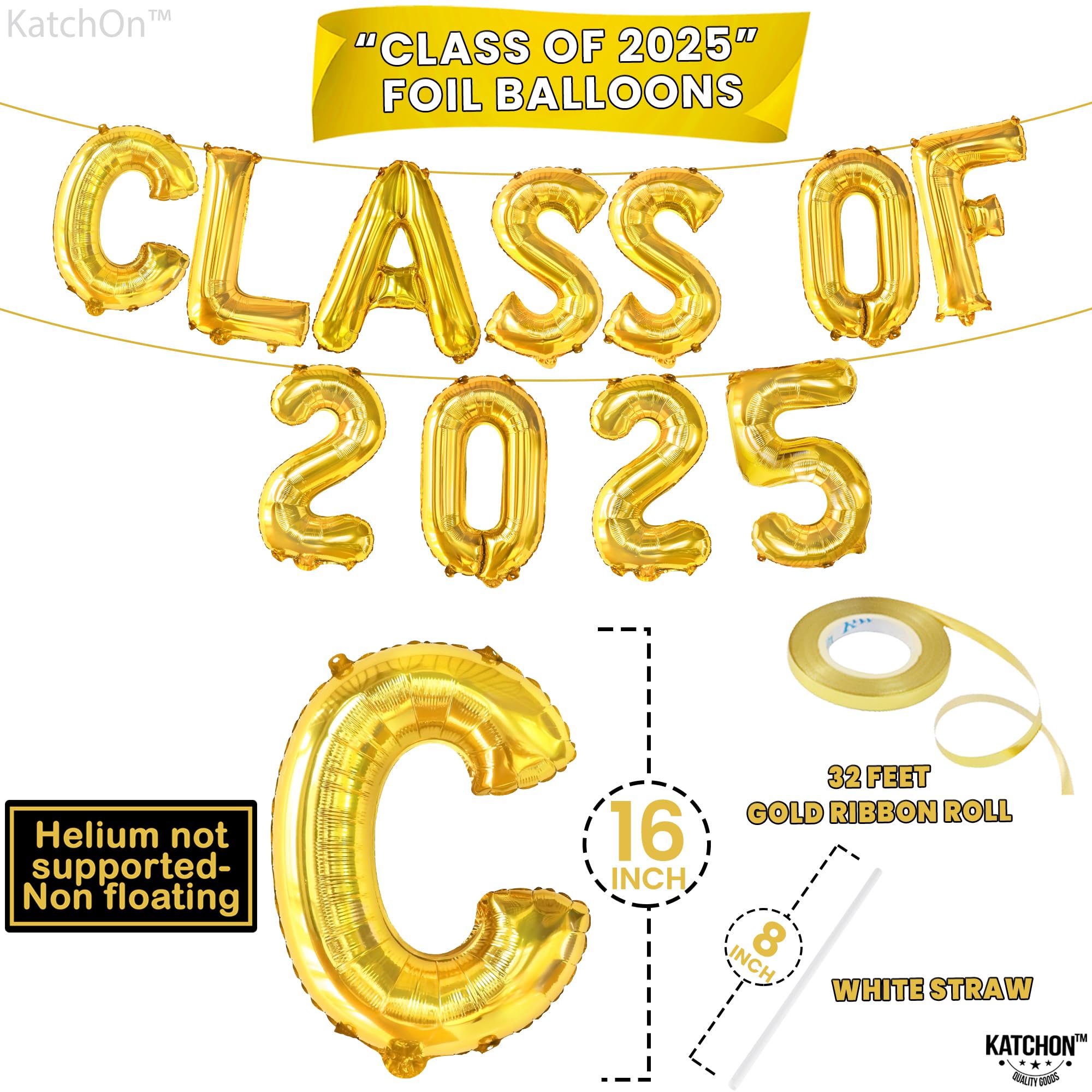 KatchOn Graduation Cap Garland - 10ft Gold & Black Class of 2025 Decor | 16in Graduation Balloons | Party Backdrop, Photo Booth & Wall Decoration for High School & College Graduation Celebrations
