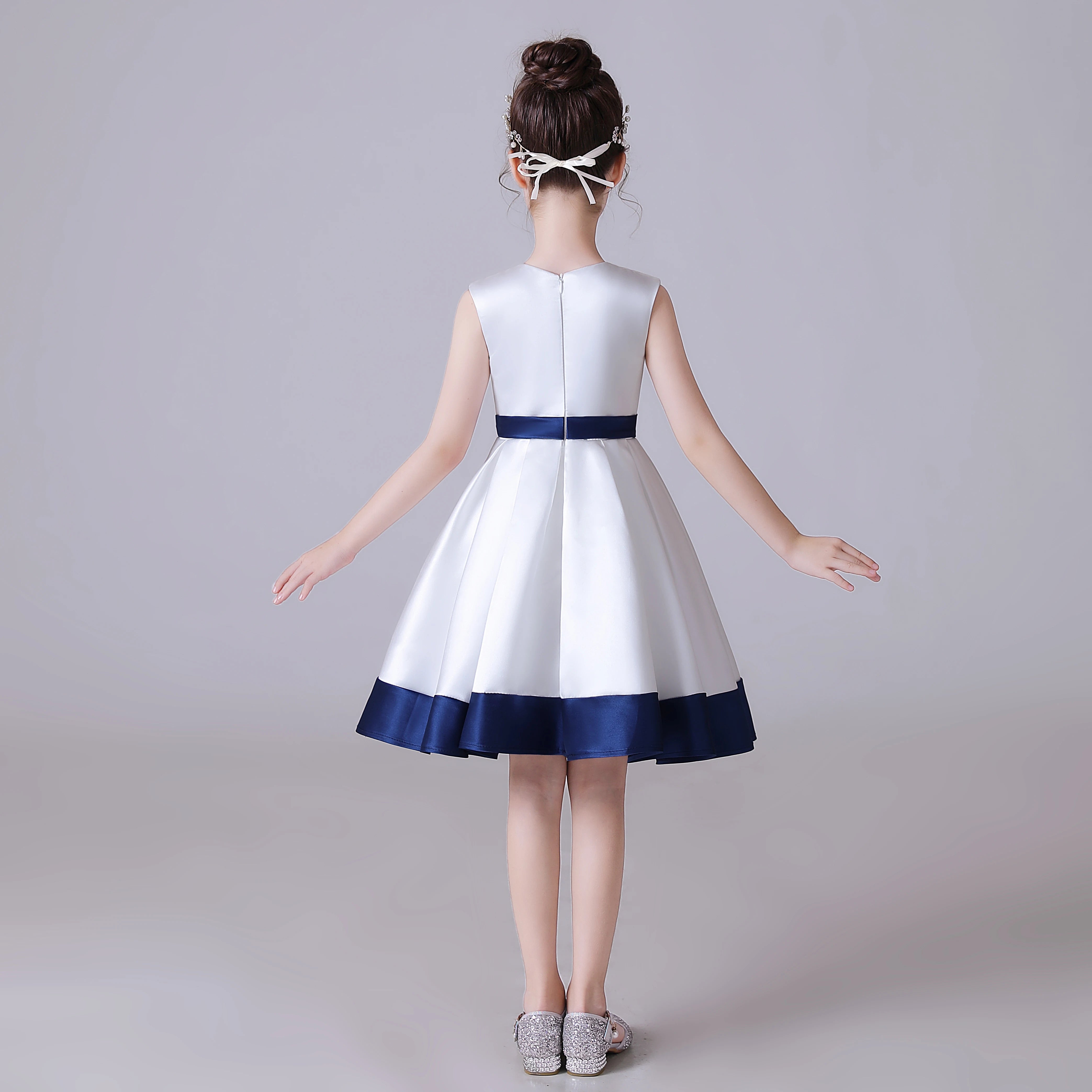 Elegant Sleeveless Satin Girls Dress with Navy Blue Bow - Knee-Length Party Dress for Special Occasions, Birthday, Photo Shoots & Formal Events