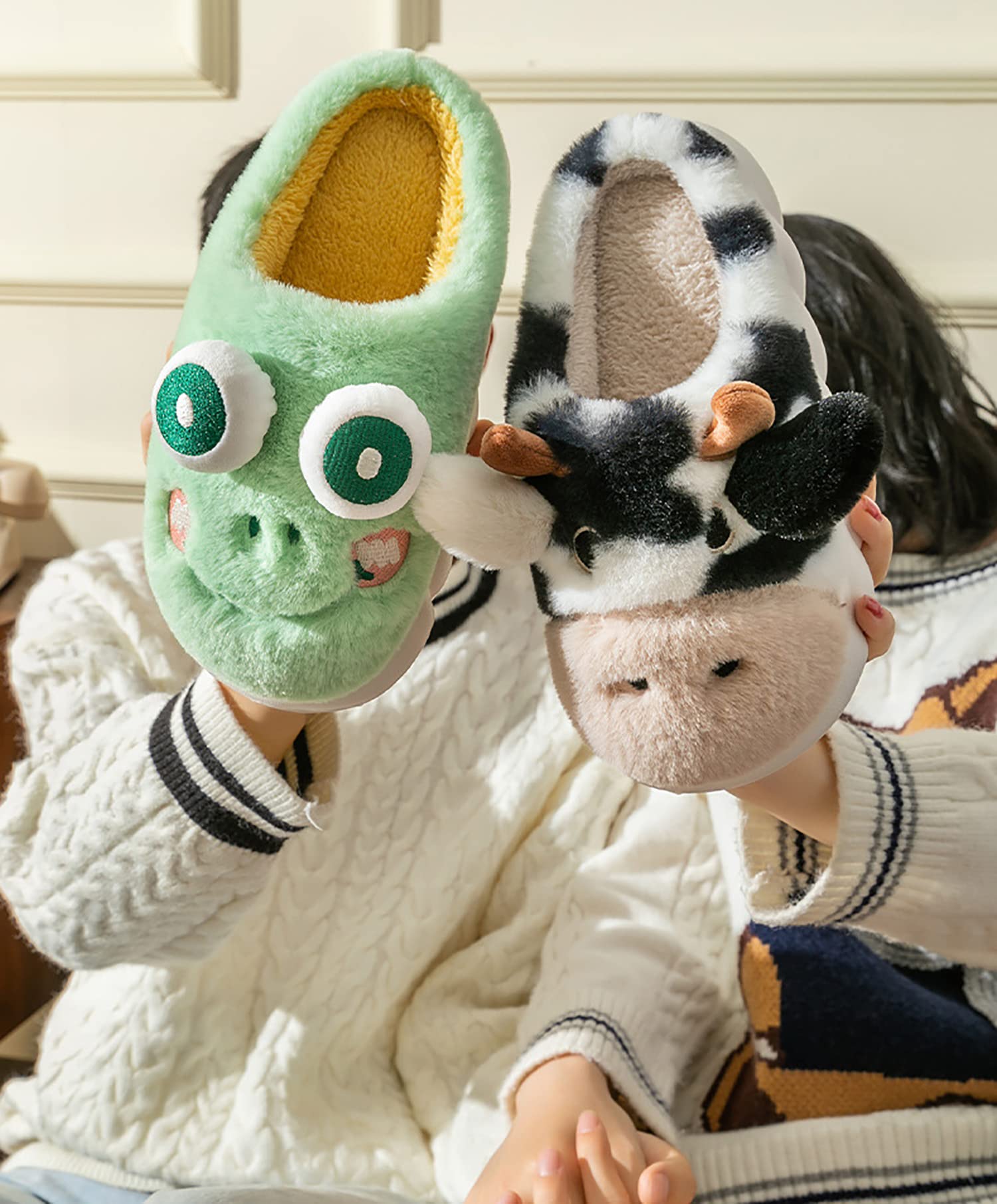 Cute Animal Slippers - Soft & Comfortable Warm Plush Cow, Frog, Pig, Dog, Deer & Bear Slippers for Women & Kids - Cozy Home & Lounge Wear