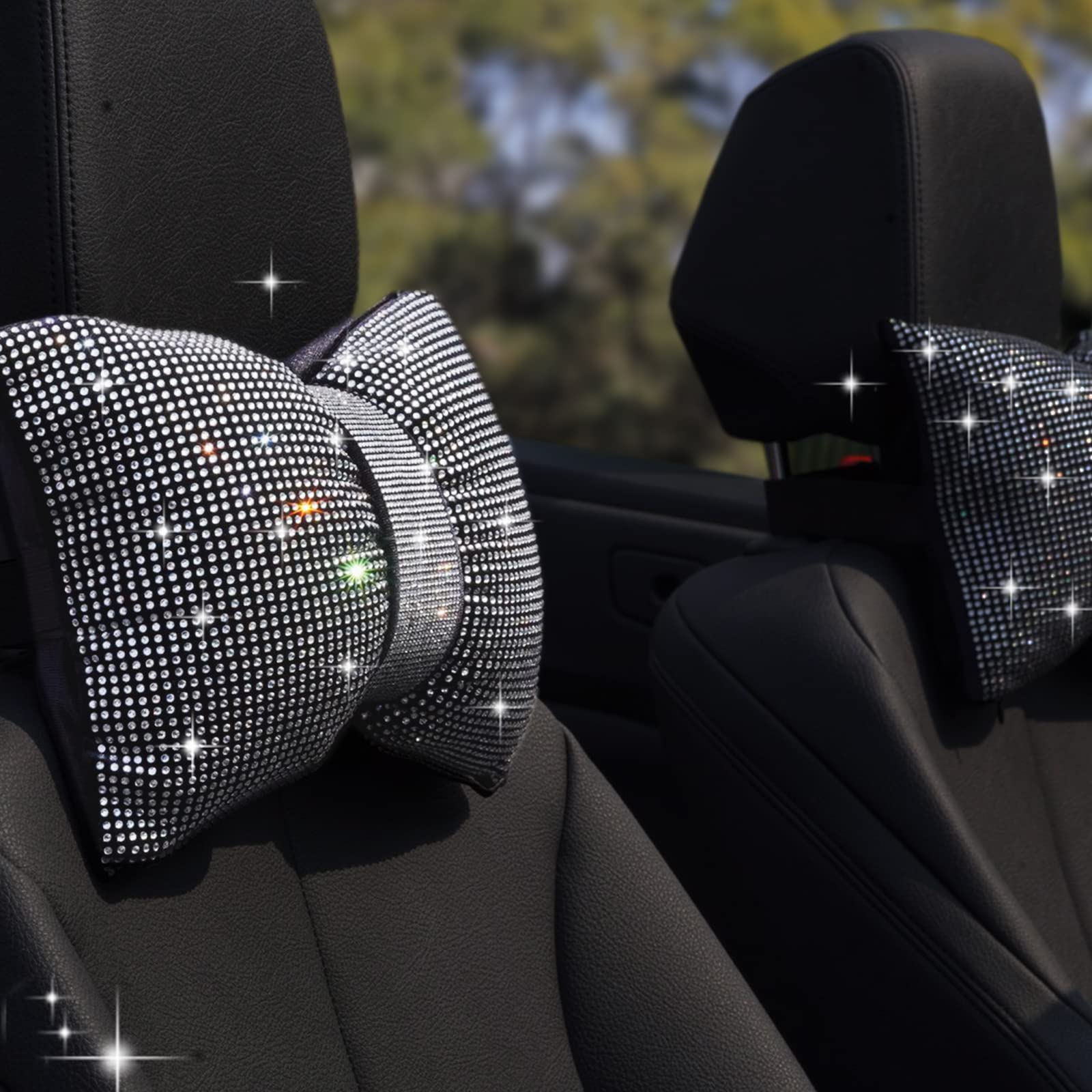 2 PCS Rhinestone Bowknot Car Headrest Pillows - Sparkling Diamond Neck Support Cushion for Women Drivers | Luxury Car Accessories for Comfort & Style | Perfect for Long Drives, Road Trips & Commuting