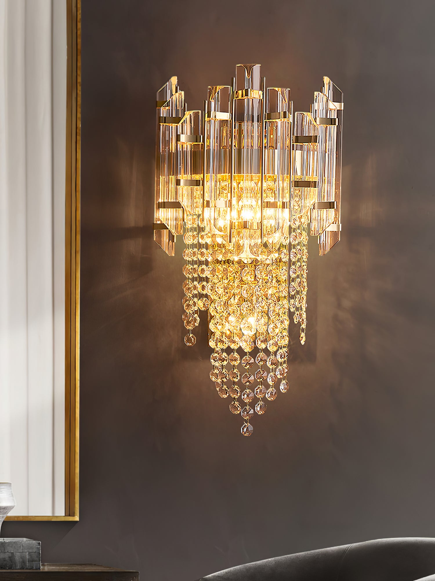 Crystal Tiered Wall Sconce - Elegant Clear Glass Light Fixture for Living Room, Bedroom, or Hallway Decor