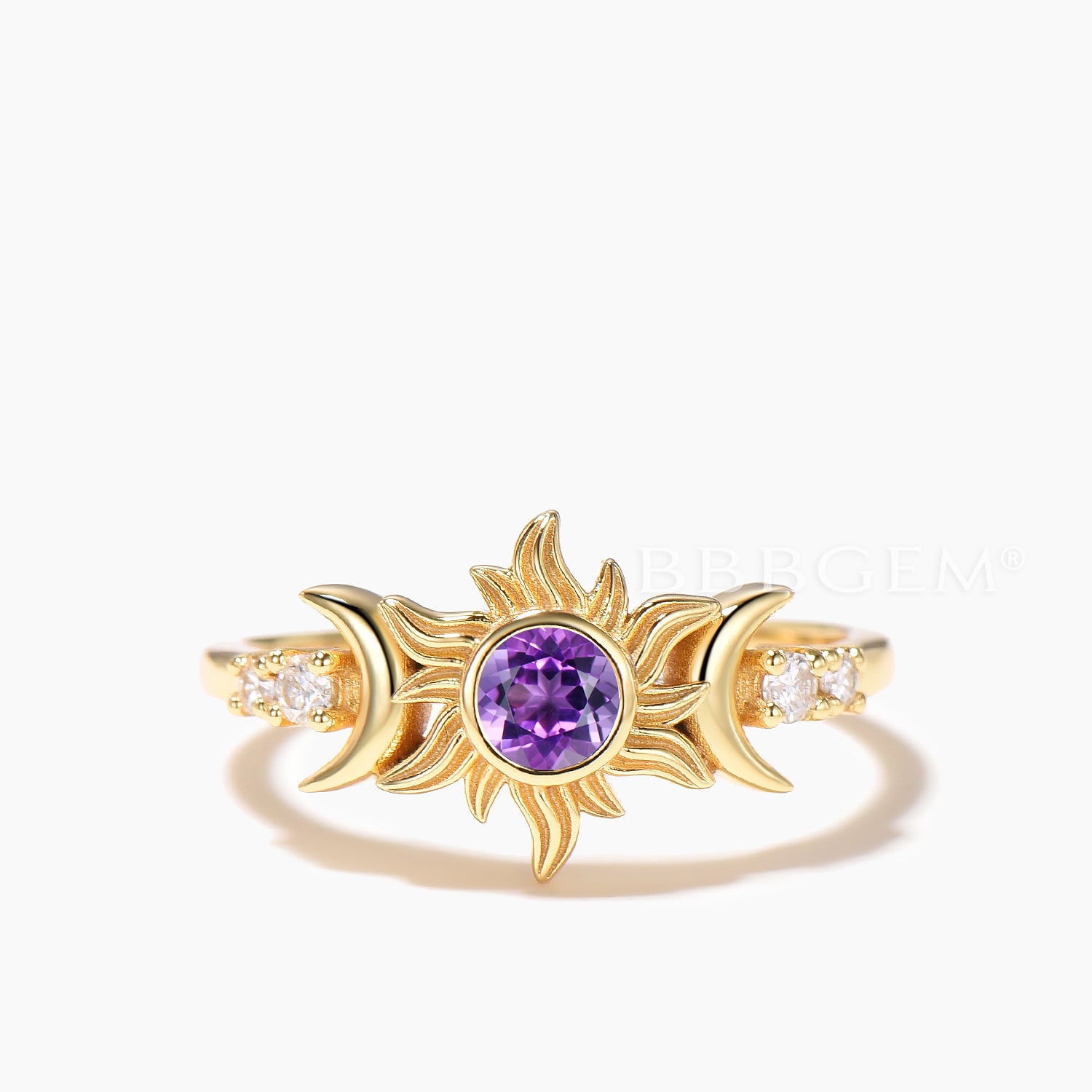 Round Cut Natural Amethyst Sun Engagement Ring - Moissanite Moon Celestial Wedding Band for Women - Perfect for Proposals, Anniversaries & Boho Bridal Jewelry