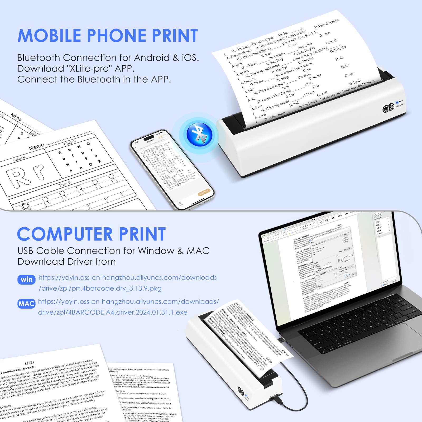 GuKKK A4 Portable Bluetooth Thermal Printer - Compact Mobile Printer for A4 Thermal Paper 210x297mm, Wireless Printing for Android & iOS - Perfect for On-the-Go Receipts, Shipping Labels & Office Documents