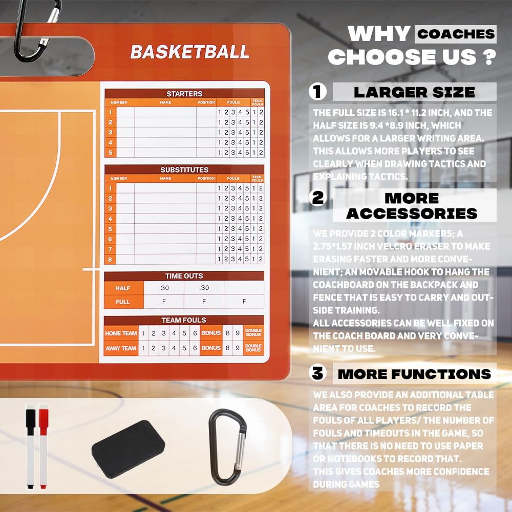 1NMORE Basketball Dry Erase Clipboard - Double Sided Coaching Board with Markers for Basketball Practice