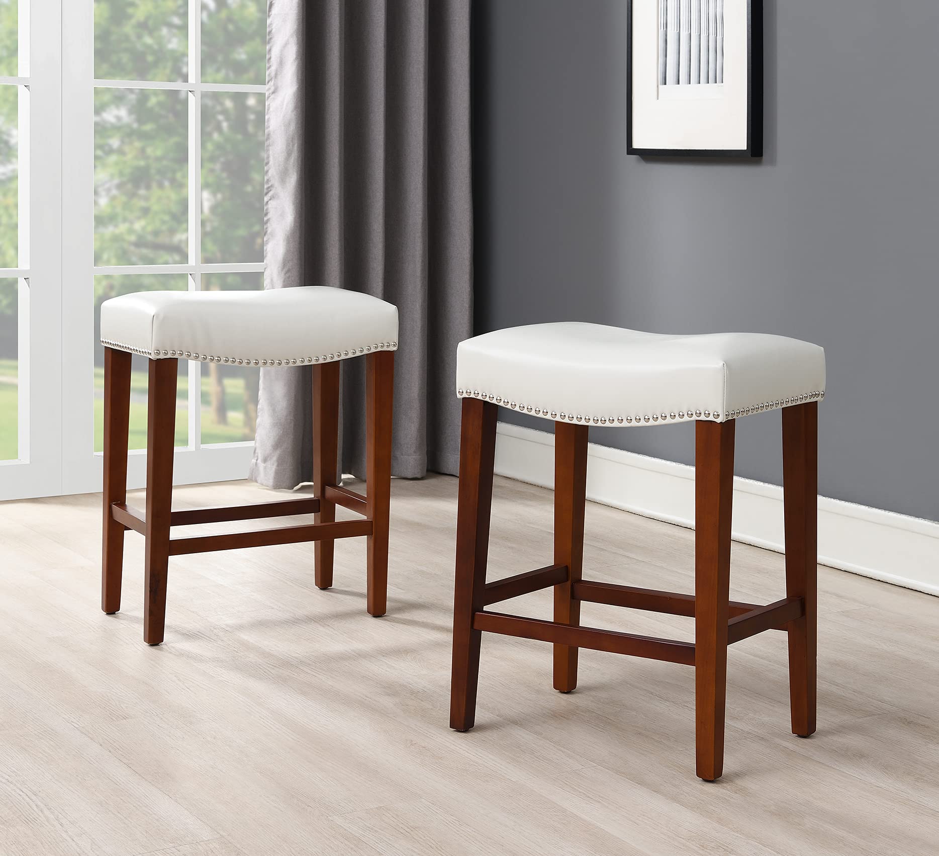 Premium White Leather Bar Stool Set of 2 - Modern Counter Height Bar Chairs for Kitchen Island, Home Bar & Dining Room - Perfect for Entertaining & Breakfast Nook Seating