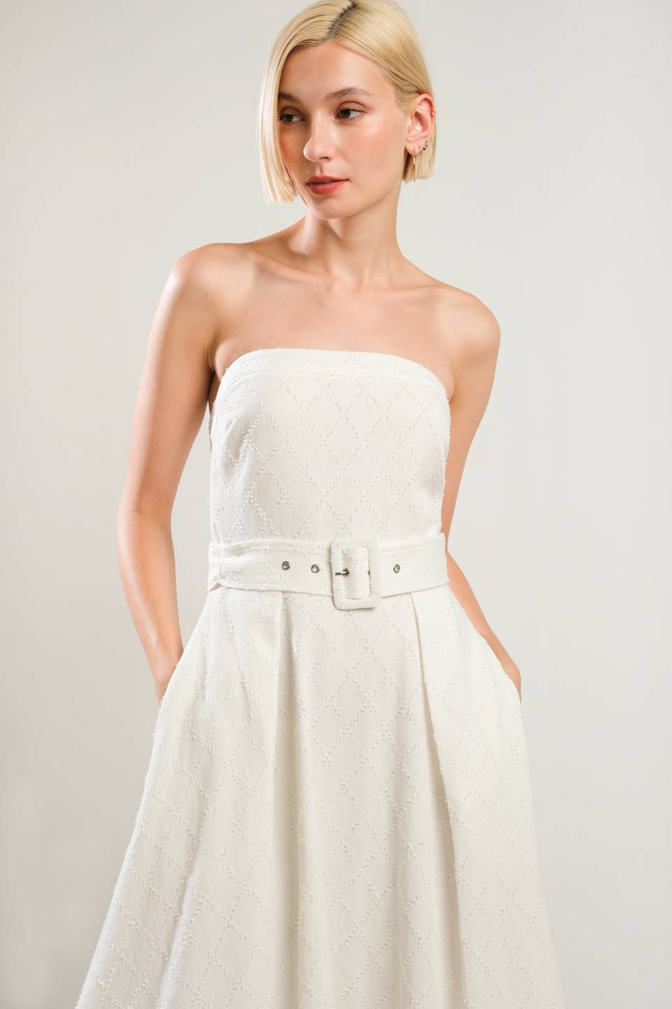 LIFE'S COMPASS White Strapless Midi Dress - Elegant Summer Wedding Guest Dress for Beach Parties & Cocktail Events