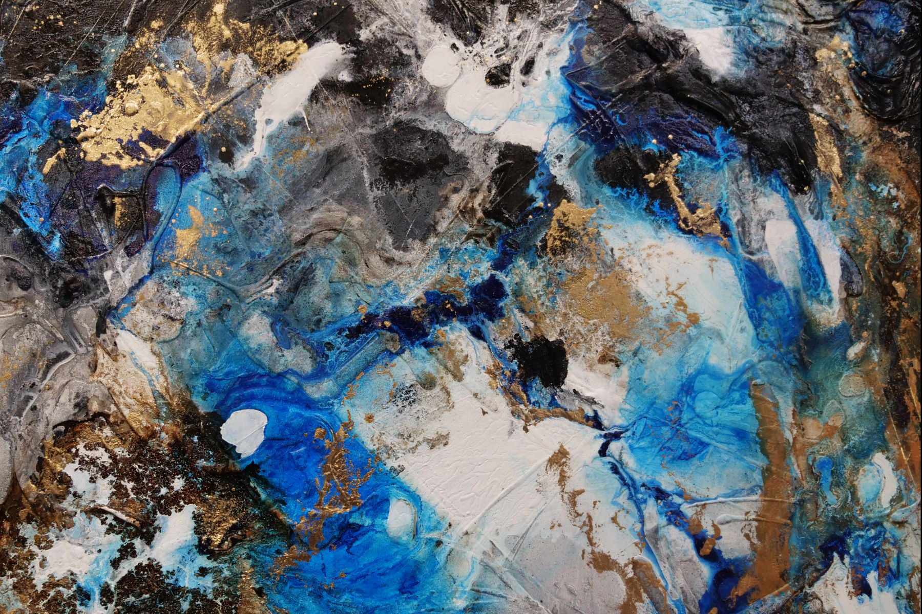 250cm x 150cm Metallic Gold Blue Textured Abstract Wall Art Painting - Coastal Grunge Style for Living Room, Bedroom & Office Decor