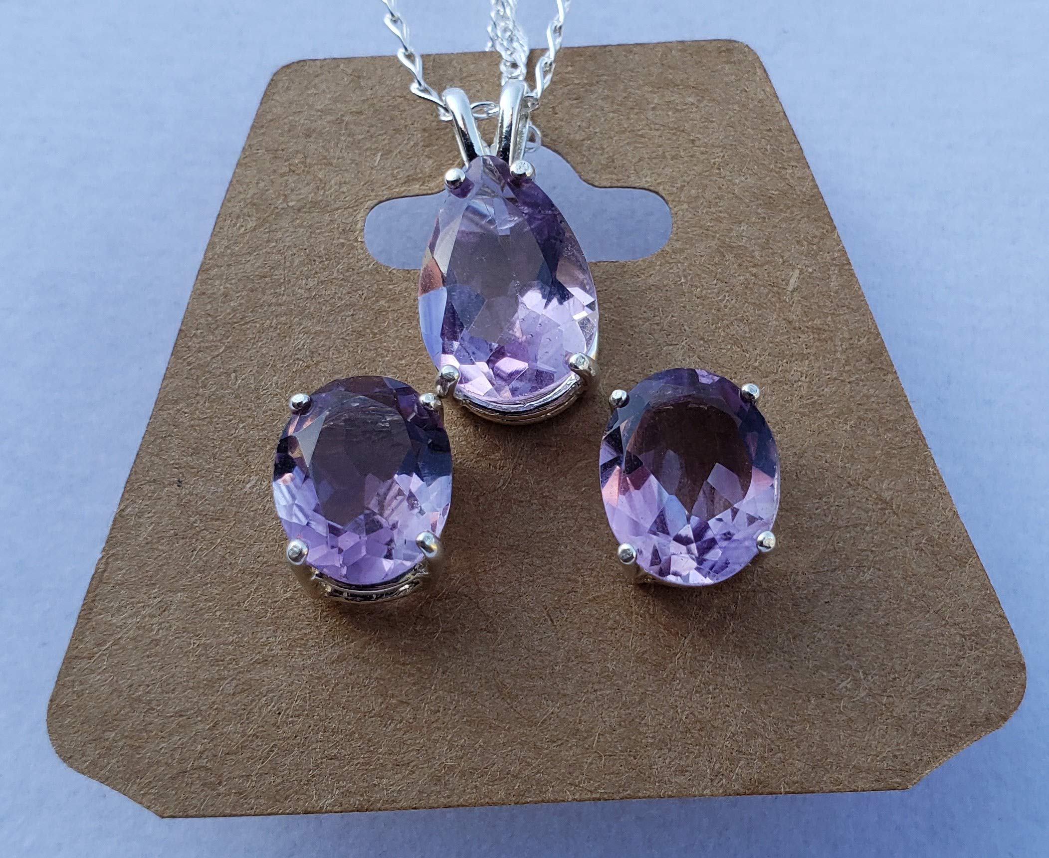 Natural Amethyst Sterling Silver Earrings & Necklace Set for Women - Elegant Purple Crystal Jewelry Gift for Birthday, Anniversary & Special Occasions