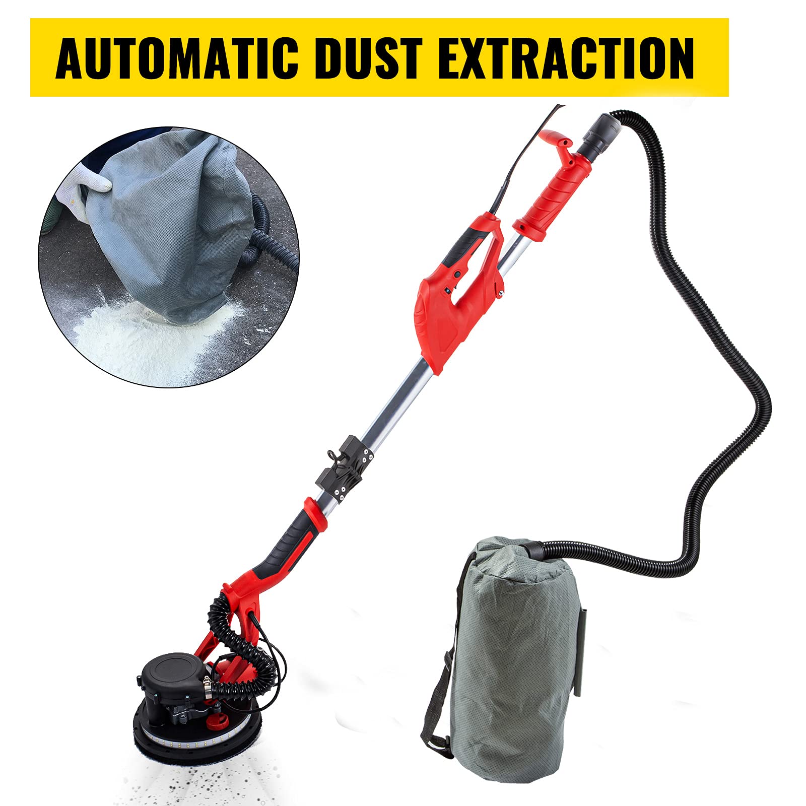 VEVOR 850W Electric Drywall Sander with LED Light & Vacuum Bag, Variable Speed 800-1750 RPM, Foldable Sheetrock Sander with Telescopic Handle - Perfect for Home Renovation, Wall Smoothing & Professional Drywall Finishing