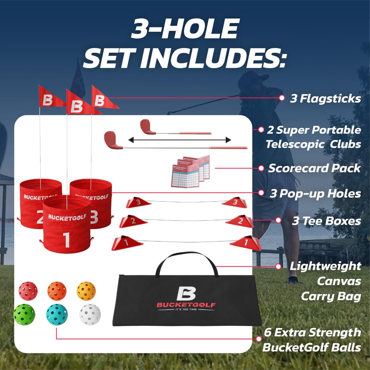 BucketGolf Original 3-Hole Travel Golf Set with Clubs – Best Backyard Golf Game for Adults & Kids – Perfect for Yard, Beach, Park & School (2 Right-Handed Clubs) | Fun Outdoor Activity for Family Gatherings, Parties & Camping Trips