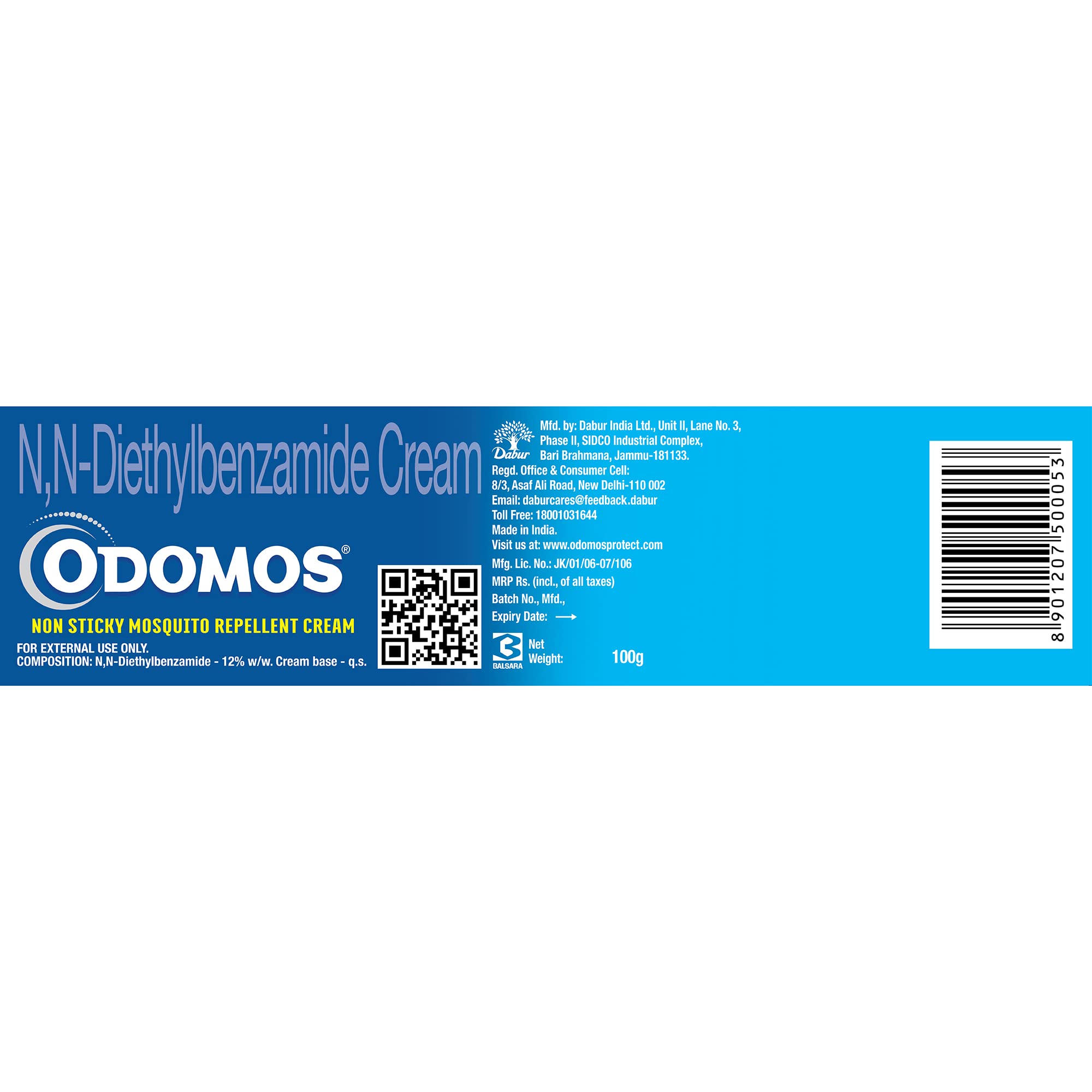 Dabur Odomos Non-Sticky Mosquito Repellent Cream with Vitamin E & Almond Oil - 100g | Natural Protection for Outdoor, Camping & Travel | DEET-Free Formula for Kids & Adults