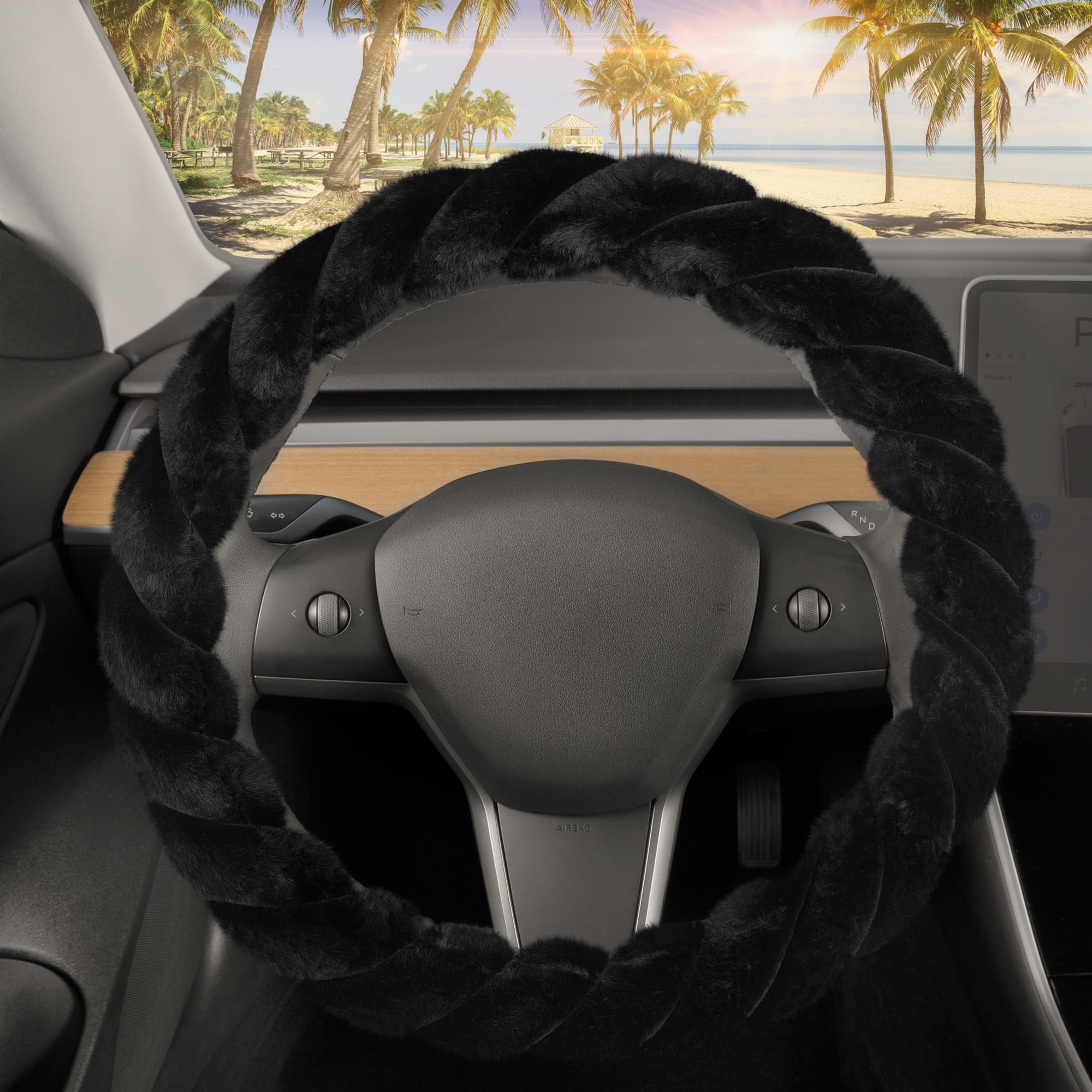 Premium Black Faux Fur Steering Wheel Cover - Soft & Fluffy 15 Inch Universal Fit for Most Cars - Cozy & Stylish Car Accessories for Women - Perfect for Winter Driving & Cold Weather Comfort