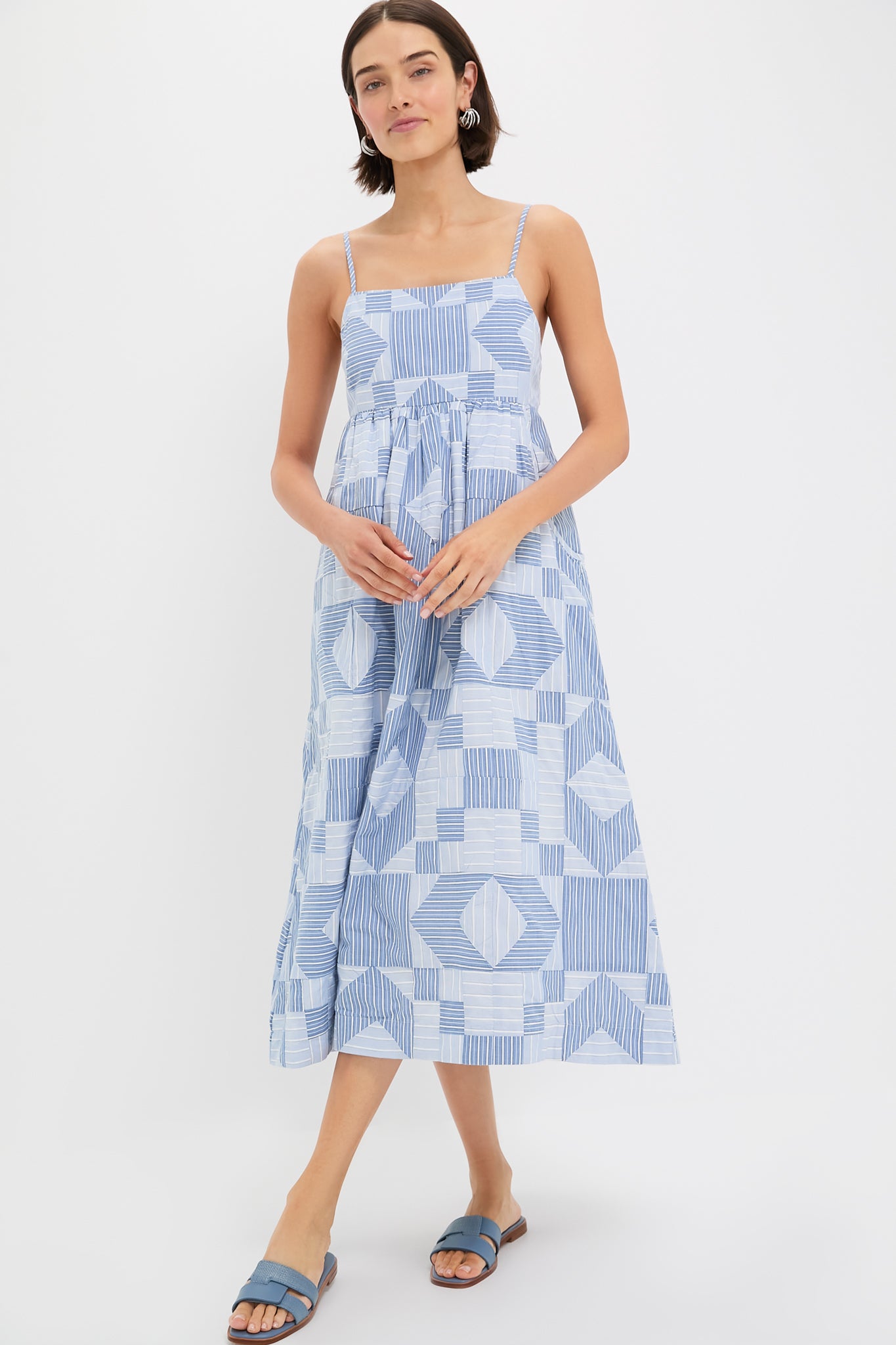 Blue Helmi Striped Shirting Midi Dress for Women - Casual Summer Flowy Dress for Beach, Brunch & Date Night
