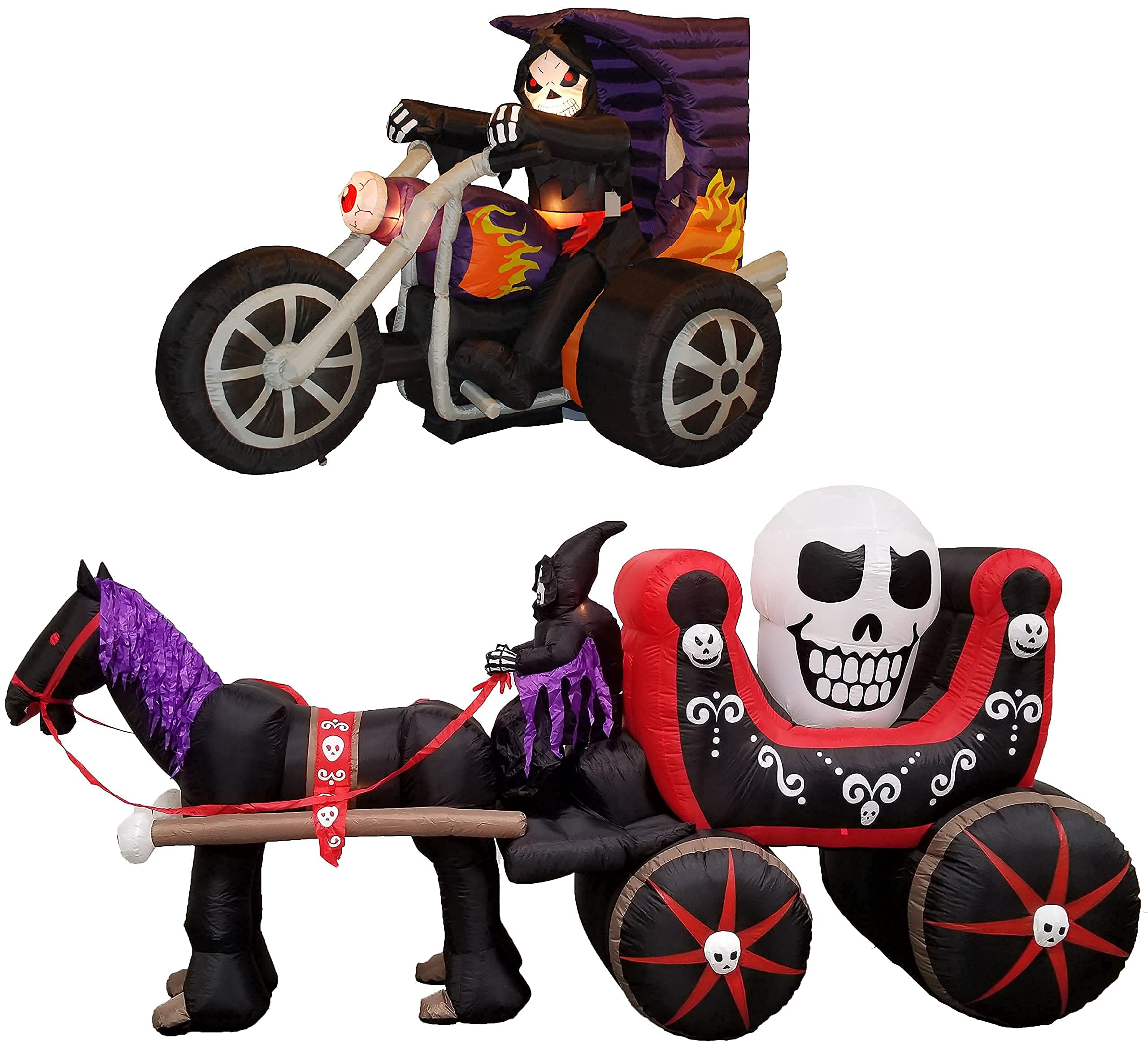 Halloween Party Decorations Bundle - 7ft Inflatable Grim Reaper on Motorcycle & 12ft Inflatable Carriage with Skeleton Ghost Skull - Indoor/Outdoor Blowup Decor with Lights - Perfect for Yard Haunt, Spooky Party & Trick-or-Treat Decorations