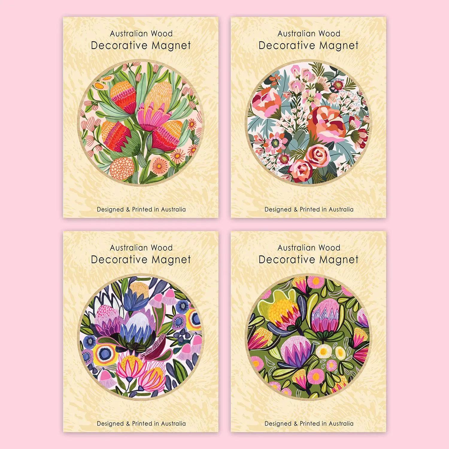 Proteas & Gum Blossoms Magnetic Set - 6 PCS Floral Fridge Magnets for Home, Office & Kitchen Decor - Perfect for Refrigerator, Whiteboard & Metal Surfaces