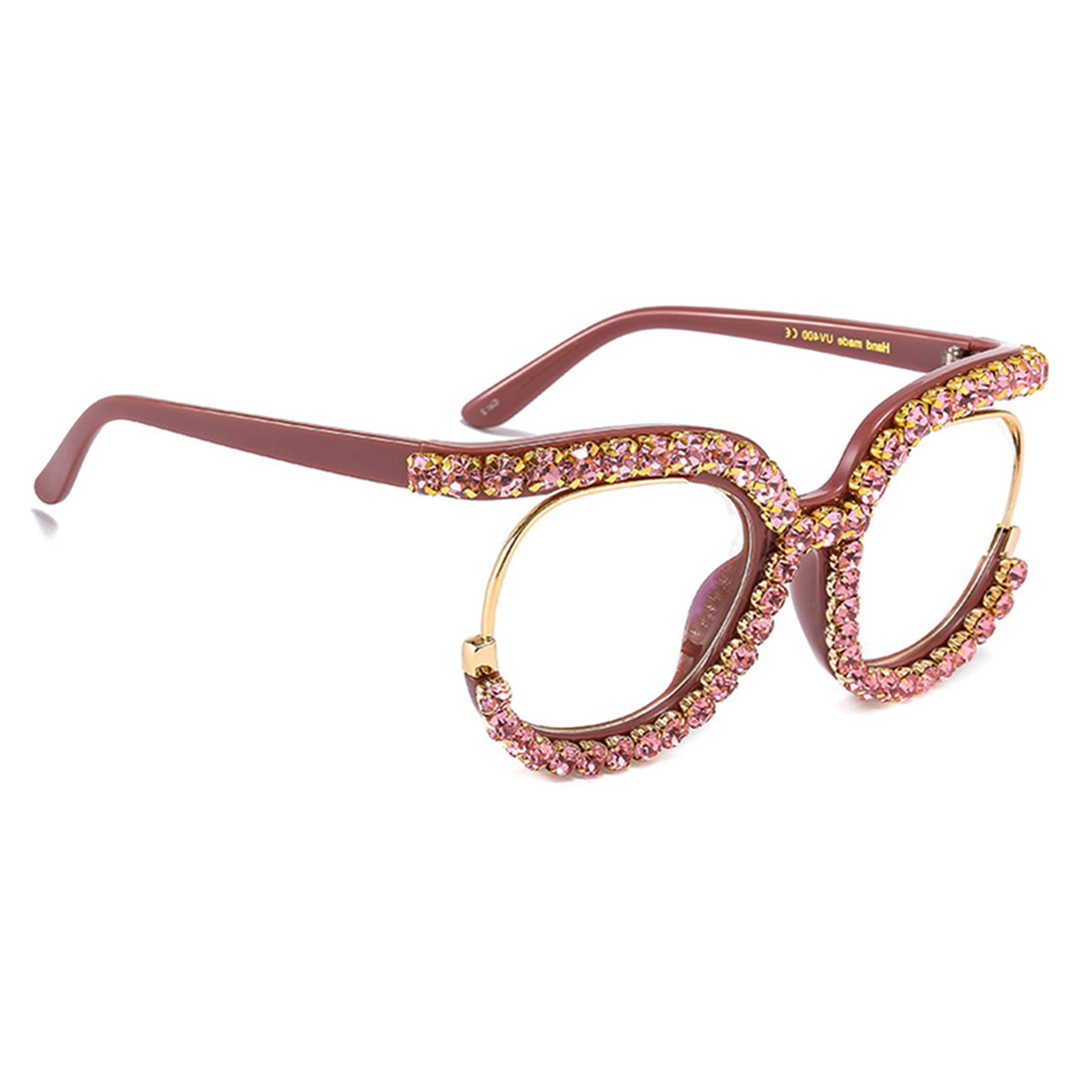 Vintage Fashion Women's Half-Rim Round Reading Glasses with Crystal Trim & Jeweled Frame - Costume Eyewear for Reading, Cosplay, and Retro Style Outfits