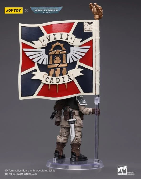 JOYTOY Warhammer 40K Astra Militarum Cadian Command Squad Veteran with Regimental Standard - Premium 28mm Scale Miniature for Tabletop Wargaming & Collectors