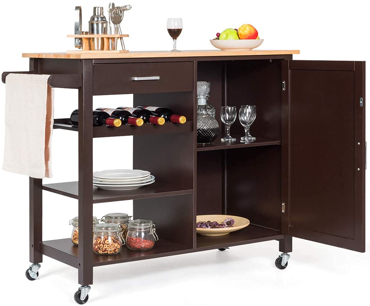 Hysache Kitchen Island Cart with Adjustable Shelves, Lockable Wheels & Wine Rack - Multi-Functional Rolling Storage Cabinet for Kitchen, Dining Room & Bar - Wooden Mobile Trolley in Brown/White (HW66112) - Perfect for Small Spaces, Entertaining & Extra Counter Space
