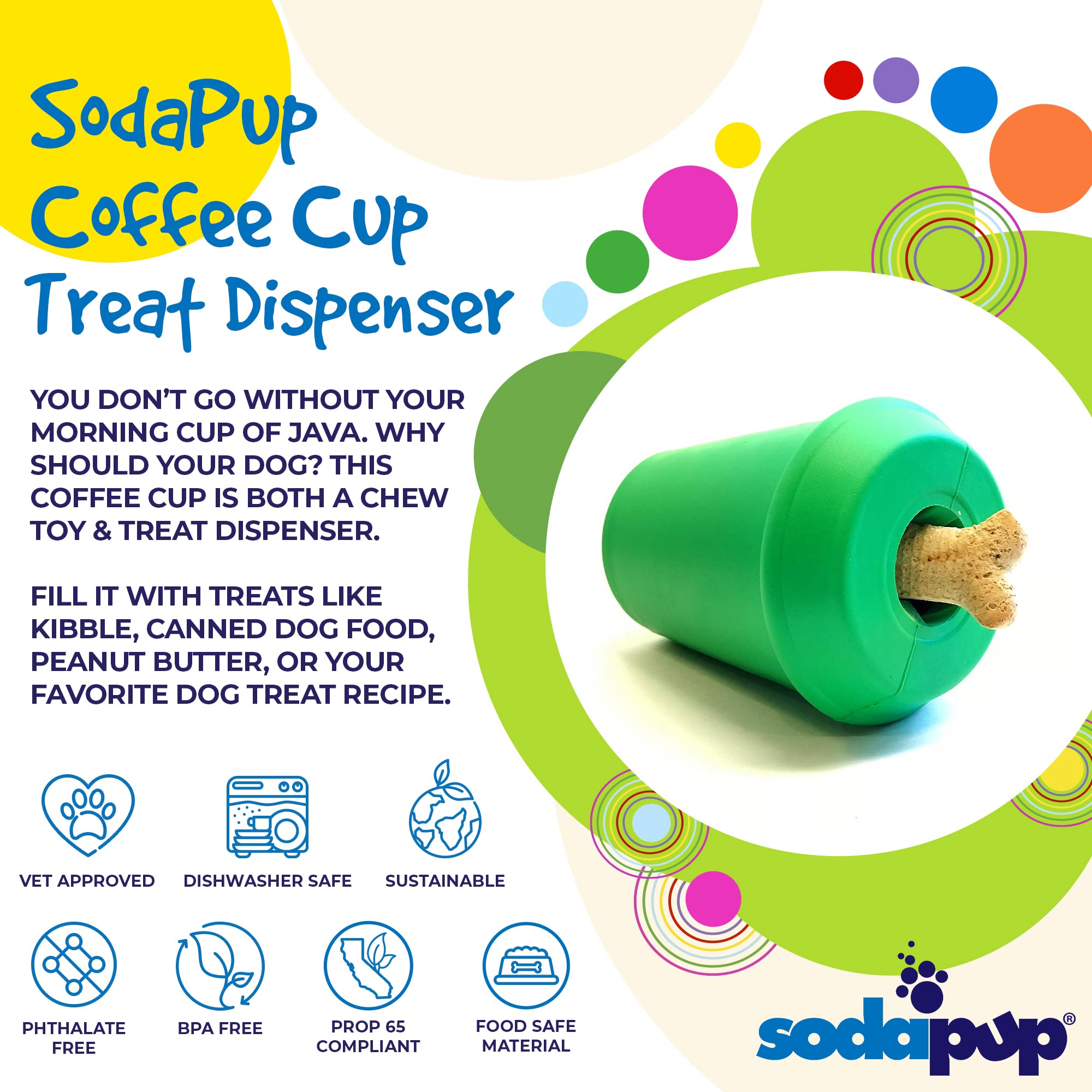 SodaPup Coffee Cup Dog Chew Toy – Non-Toxic Natural Rubber Treat Dispenser for Mental Stimulation & Anxiety Relief – Durable USA-Made Pet Safe Chewing Toy for Small & Medium Dogs – Perfect for Playtime, Training & Stress Relief