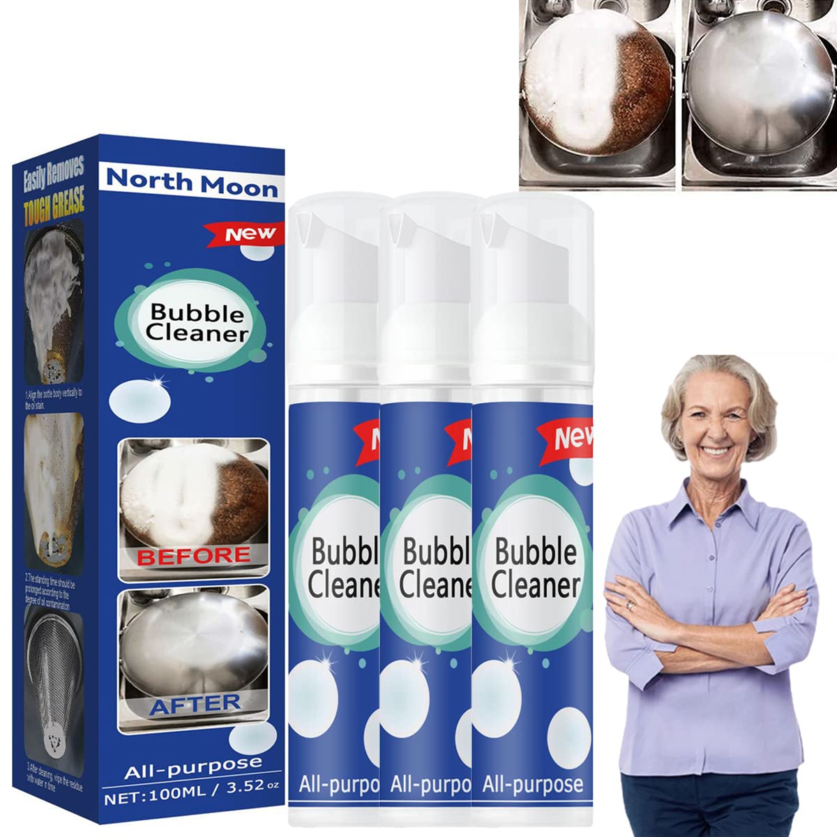 2023 Upgrade Powerful Stain Removing Foam Cleaner - 100ml All-Purpose Bubble Cleaner for Kitchen, Range Hood, Oven, Pots, Grill & Sink | Heavy Duty Degreaser & Oil Remover | 3-Pack Set for Deep Cleaning & Maintenance