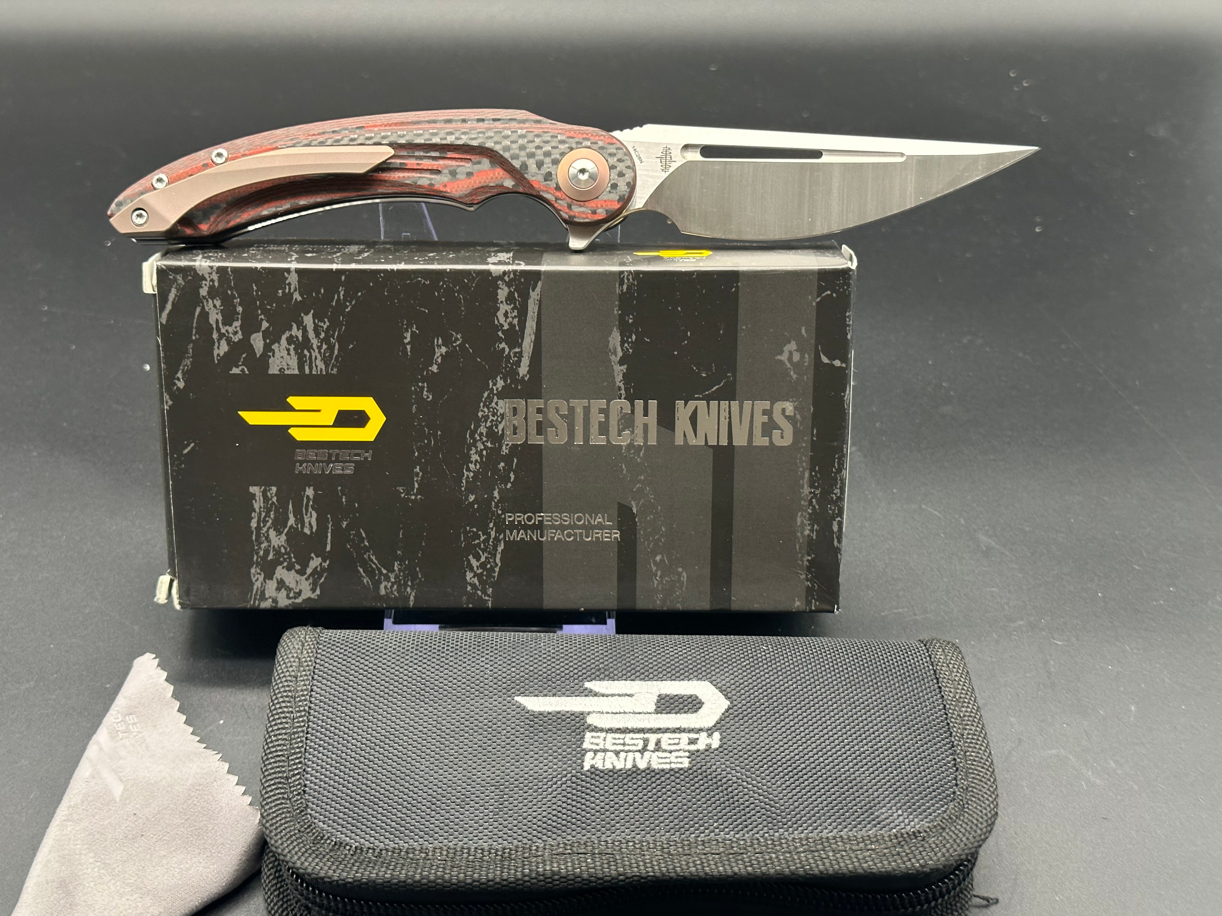 BESTECH IRIDA Folding Pocket Knife - Black & Red G10 Carbon Fiber Handle, 14C28N Stainless Steel Plain Blade (BG25E) | EDC, Camping, Outdoor Survival Tool