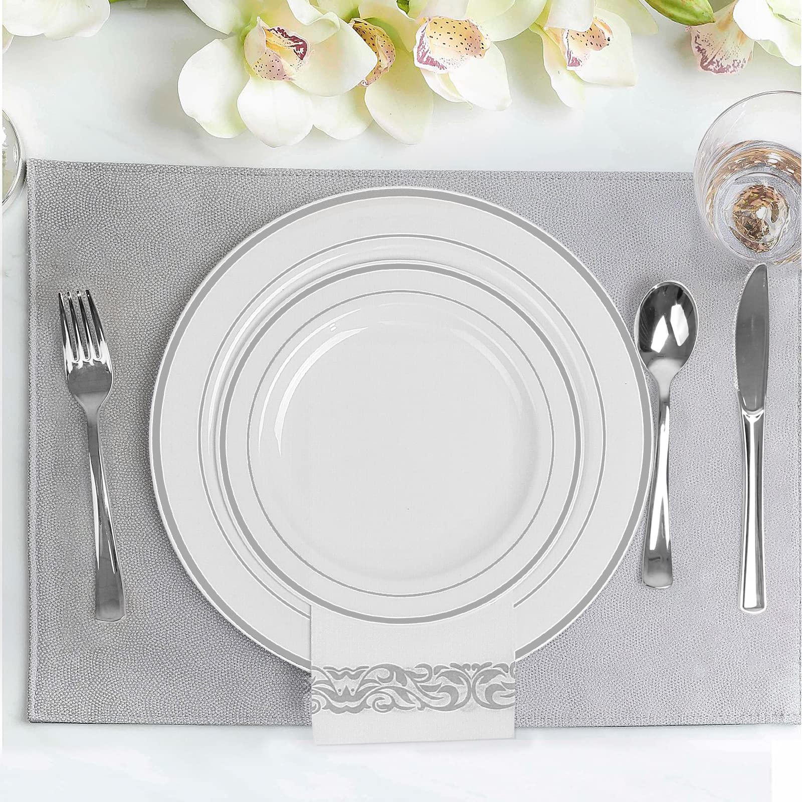 BAYZZ 350-Piece Silver Disposable Dinnerware Set - 100 Silver Plastic Plates, 50 Plastic Silverware, 50 Silver Cups & 50 Napkins - Elegant Disposable Tableware for Weddings, Parties, BBQs & Special Events