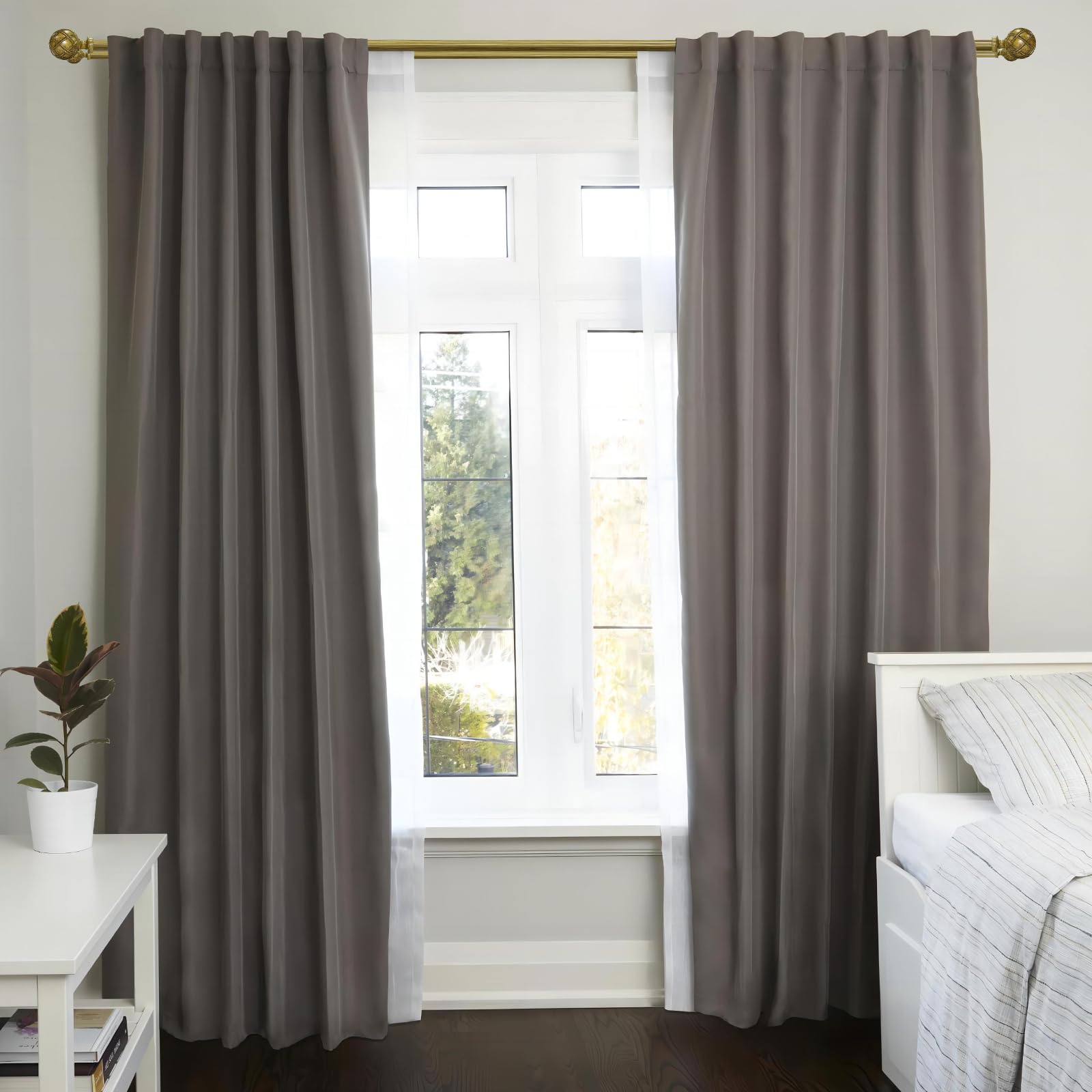 Ycolnaefllr 1 Inch Double Curtain Rod Set - Adjustable 66 to 120 Inches for Windows, Heavy Duty Drapery Rod with Resin Finials & Holdbacks (Burlywood) - Perfect for Living Room, Bedroom & Home Decor