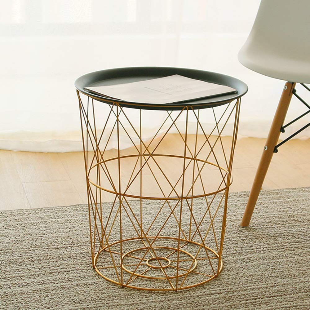 Rustproof Metal Side Table - 14×15 Inch Round Coffee Table with Storage Basket & Lid, Gold Finish for Indoor/Outdoor Use - Perfect for Living Room, Patio, or Bedroom Snack Table
