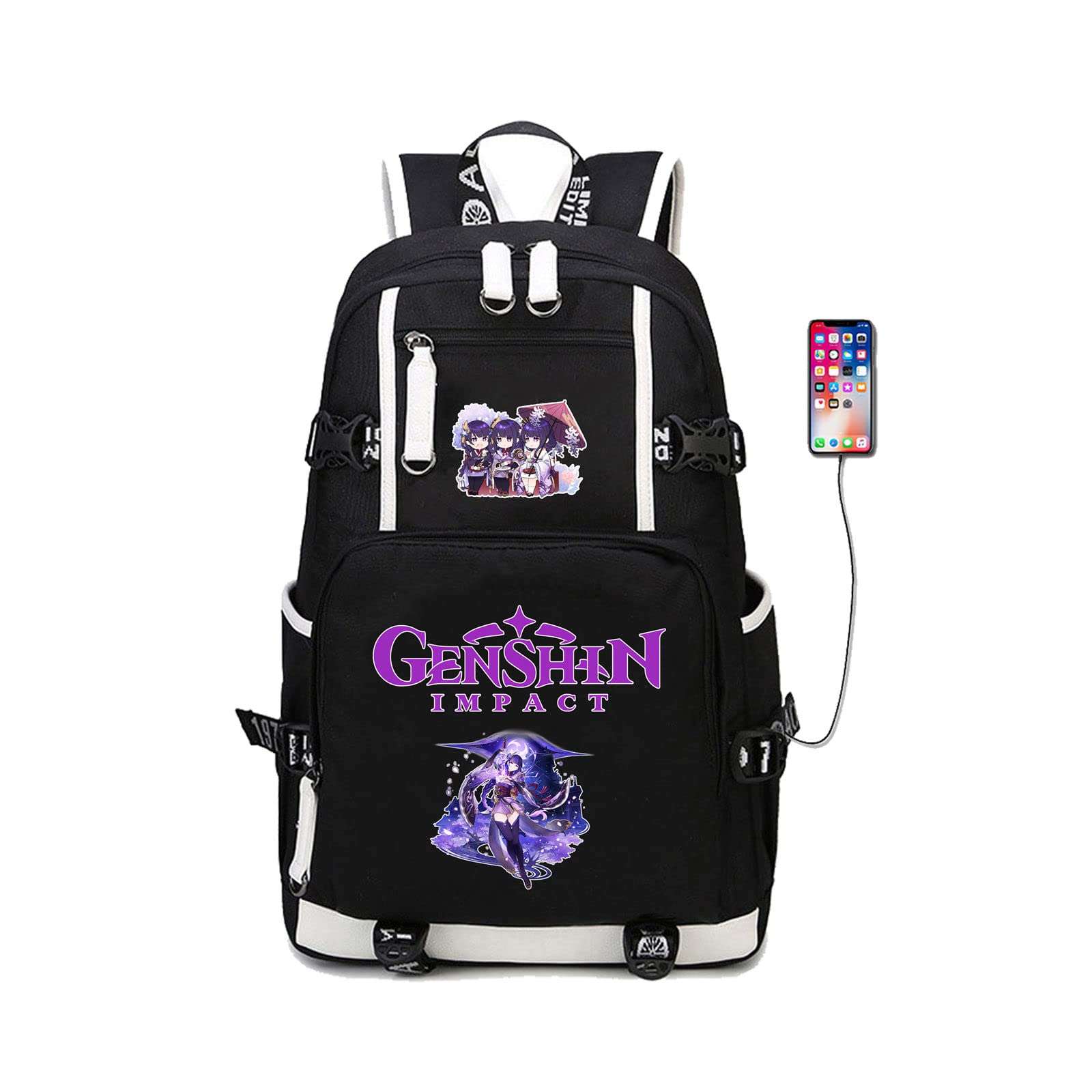 Genshin Impact Raiden Shogun Cosplay Laptop Backpack - 15.6 Inch USB Charging Port School Bag for Travel, Work & College | Anime Gaming Backpack for Conventions, Daily Use & Outdoor Adventures