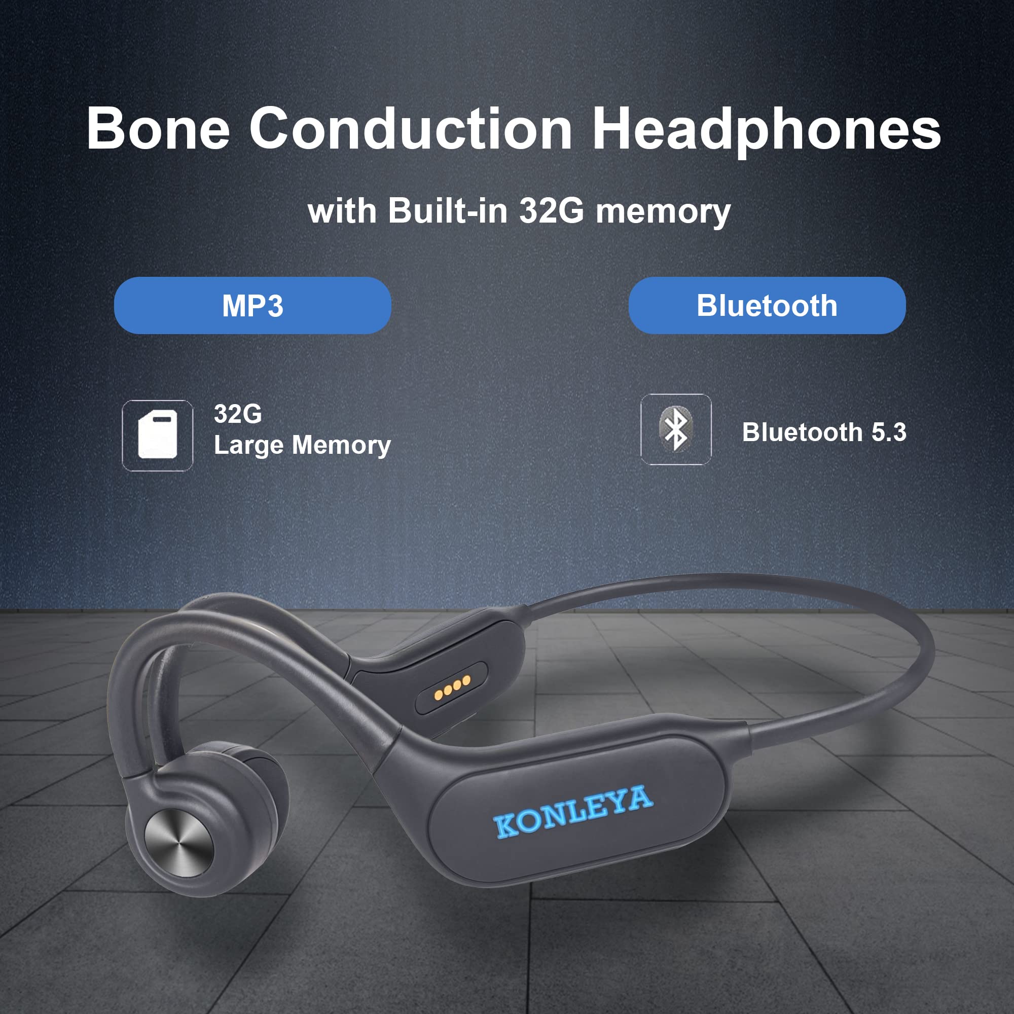 Wireless Bone Conduction Headphones IPX8 Waterproof - Bluetooth 5.3 Sport Headset with Built-in Mic & 32GB Storage, Sweatproof Open-Ear Design with Night Light for Swimming, Running, Gym Workouts & Outdoor Activities (Black)