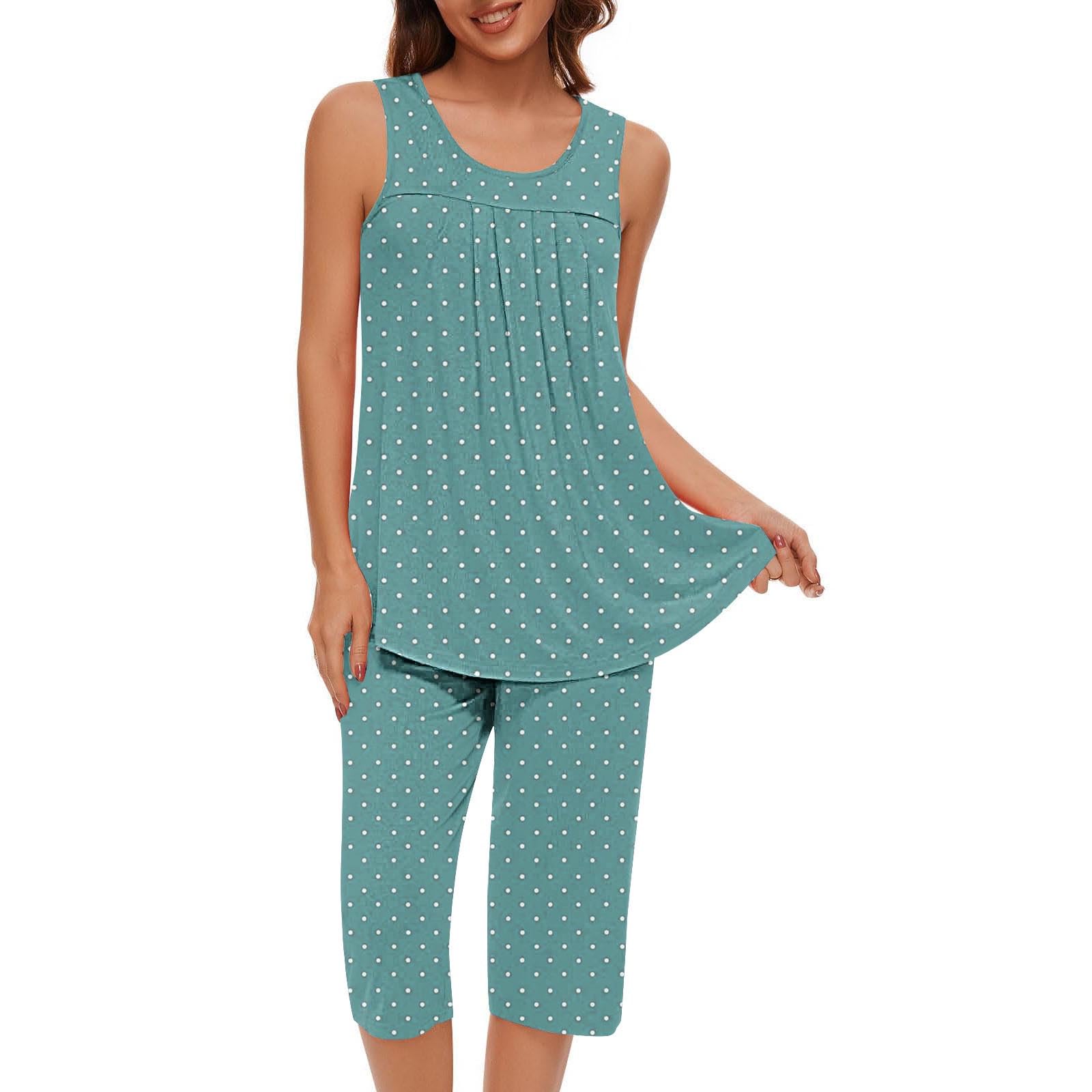 Women's Soft Sleeveless Pajama Set - Loose Fit Pleated Print Tank Top & Capri Pants Lounge Wear | Trendy Sleepwear for Summer Nights, Vacation & Relaxing at Home