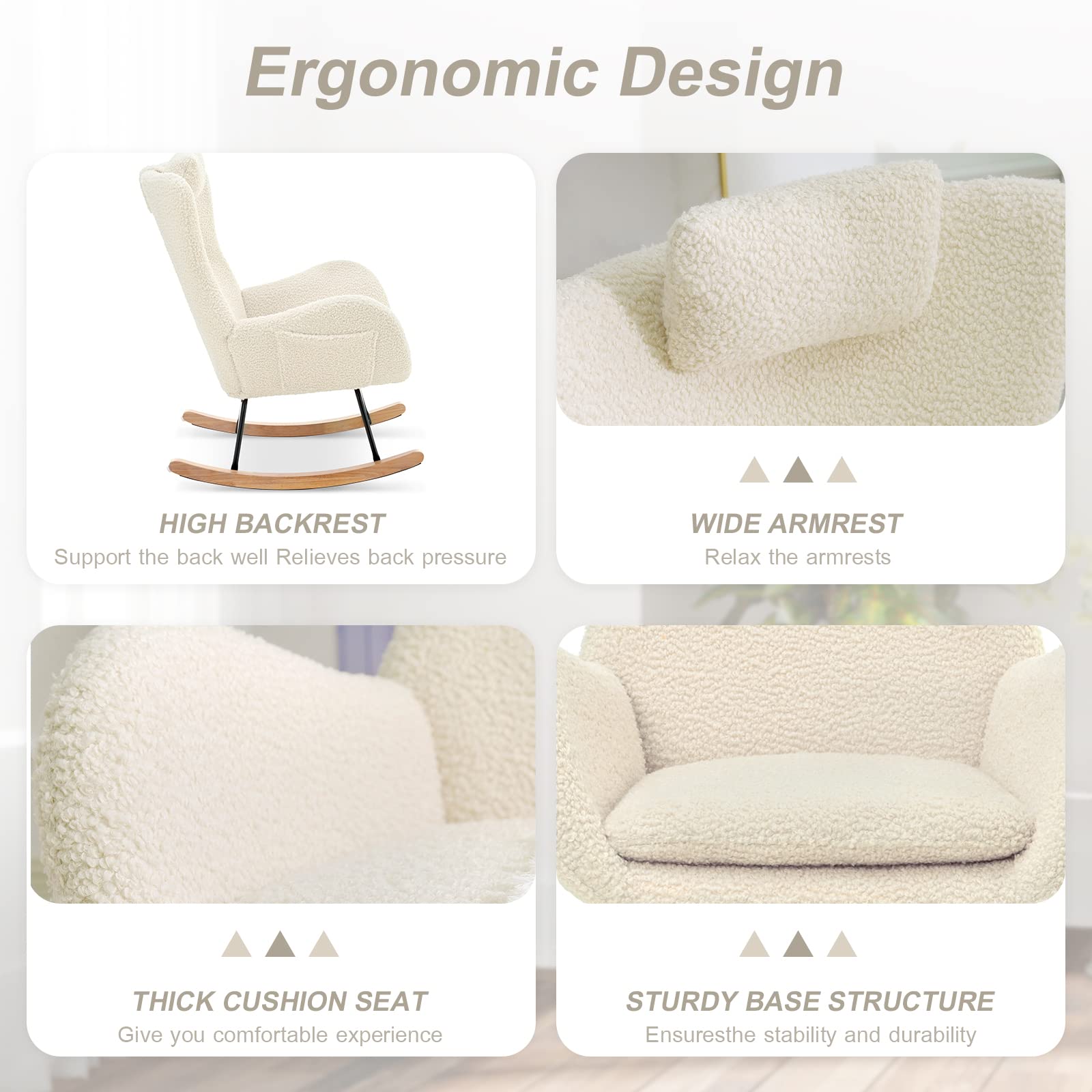 **Comfortable Teddy Upholstered Rocking Chair for Nursery & Bedroom – High Backrest, Padded Seat & Headrest – Perfect for Nursing, Reading & Relaxing – Ideal Baby Rocker for Cozy Spaces**