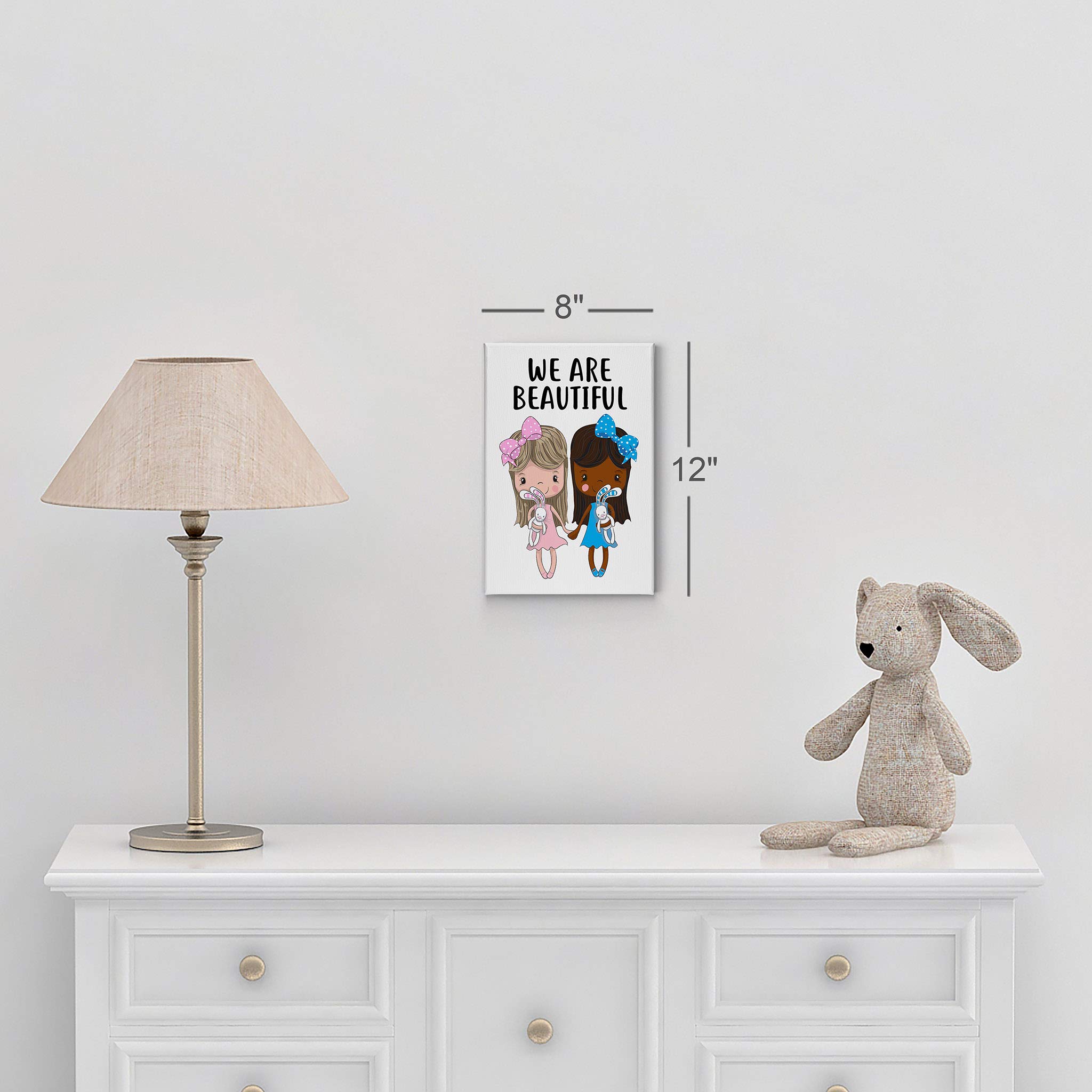 Smile Art Design Cute Blonde and African American Girl Friendship Canvas Wall Art Print - 12x8 Inches, Ready to Hang, Made in USA - Perfect for Kids Room, Nursery, Bedroom & Playroom Decor
