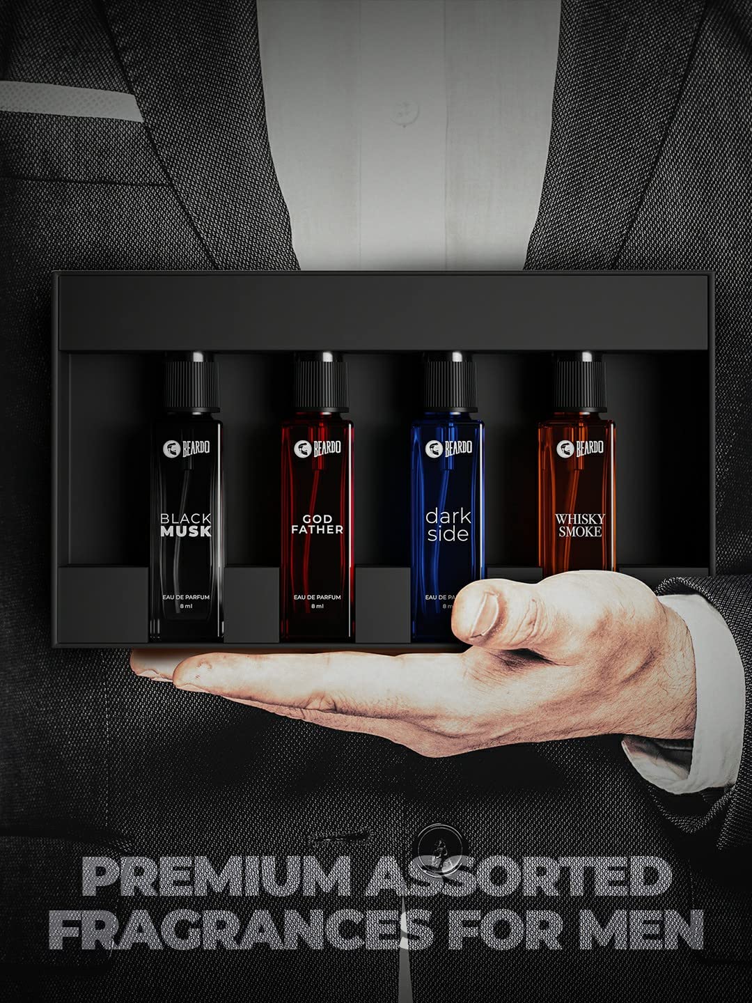 Premium Men's Perfume Gift Set - 4x8ml Eau de Parfum (Black Musk, Godfather, Dark Side & Whisky Smoke) | Long Lasting Cologne for Him | Valentine's Day, Anniversary & Birthday Gift for Husband/Boyfriend | Office, Date Night & Special Occasion Fragrance