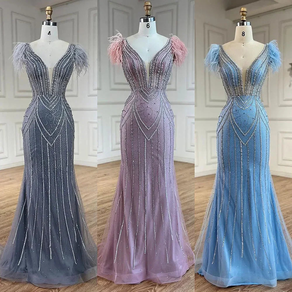 Luxury Dubai Blue Mermaid Evening Dress with Pearls & Feathers - Elegant Beaded Gown for Women's Wedding, Prom, Party & Special Occasions | LA72578