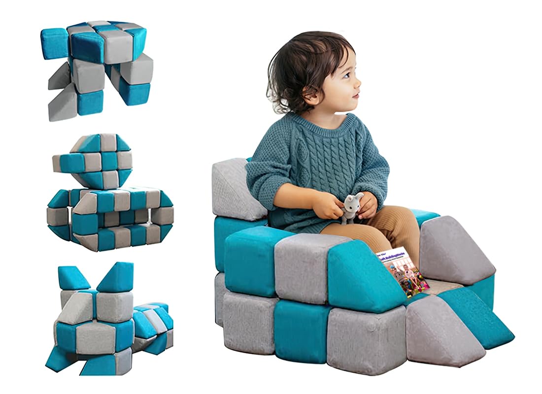Magnetic Soft Building Blocks for Kids - Educational STEM Toys, Large Safe Blocks for Toddlers & Children (Blue & Gray) | Perfect for Creative Play, Learning & Indoor Activities