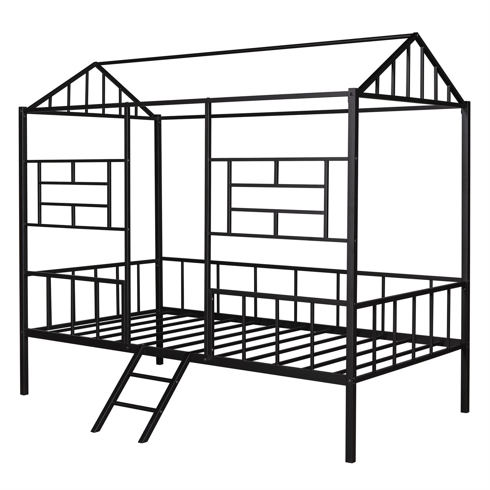 Twin Metal House Bed with Safety Fence Railings & Ladder - Fun Cabin Tent Bed Frame for Toddlers, Kids, Boys & Girls - Durable Black Bed for Playrooms & Kids' Bedrooms