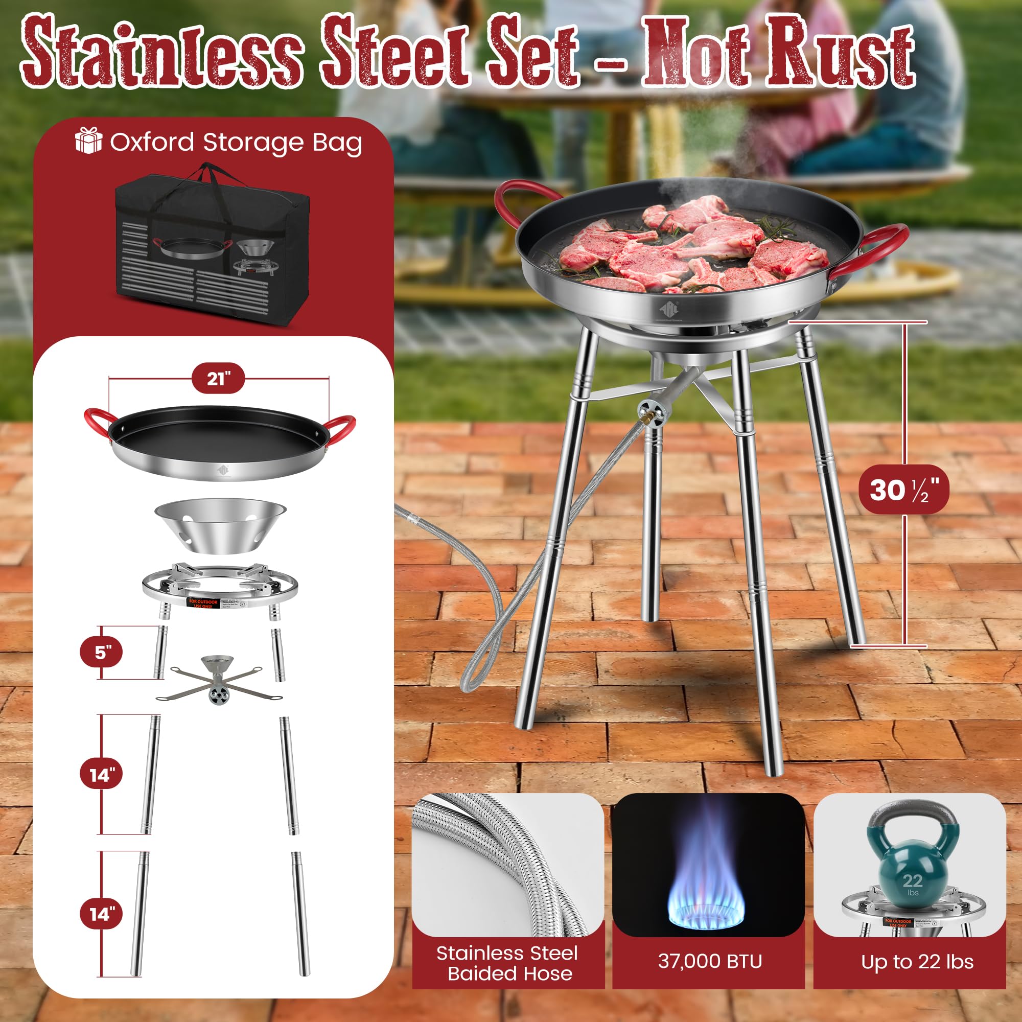 Nonstick Paella Pan Set with Stainless Steel Burner & Stand - 21 Inch, 16 Servings - Includes Propane Burner Head, Carry Bag, Wok Spatula & Foldable Brackets - Perfect for Outdoor Cooking, Parties & Spanish Cuisine