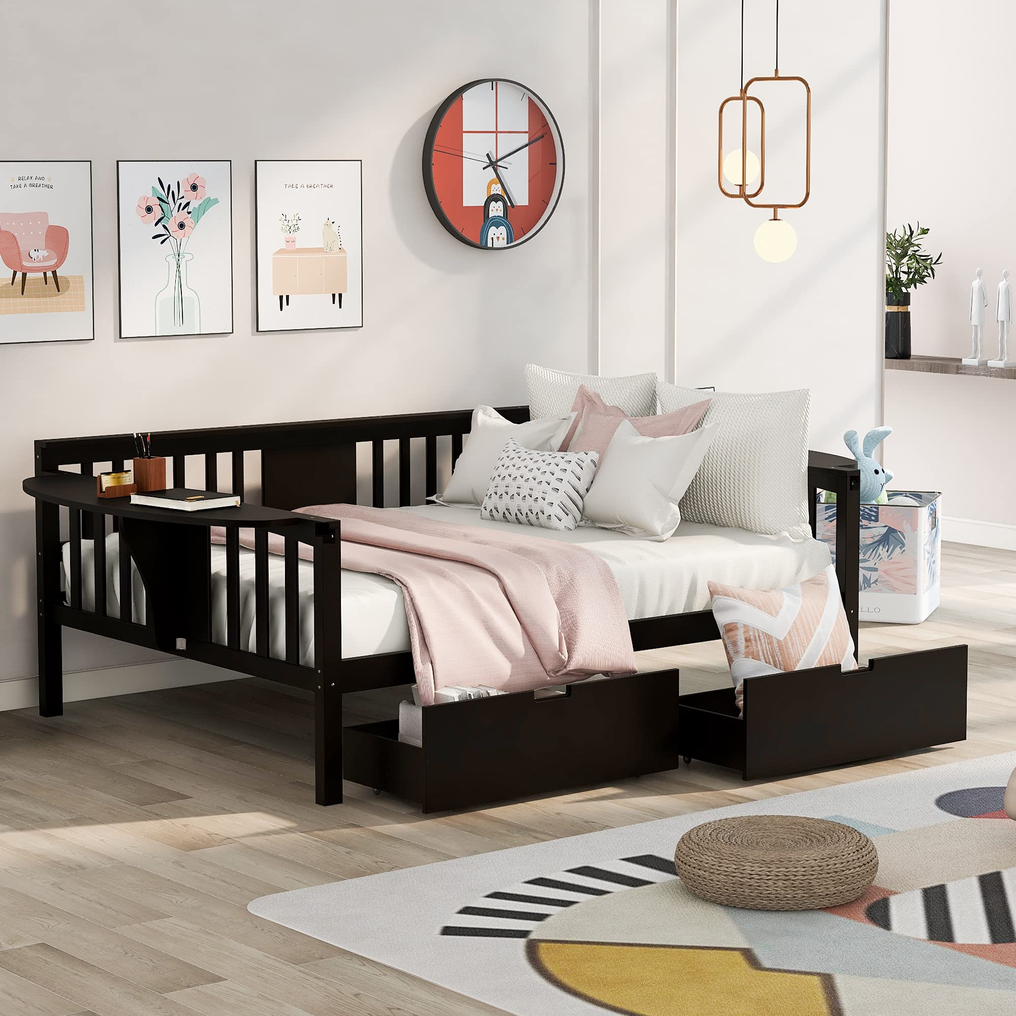 Solid Wood Daybed with 2 Folding Tables & 2 Drawers - Full Size Bed Frame for Kids, Teens & Guest Rooms - Multi-Functional Furniture for Small Spaces, Dorm Rooms & Home Offices - No Box Spring Needed