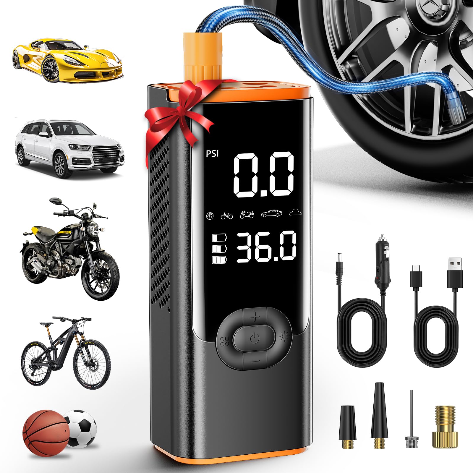 180PSI Portable Tire Inflator Air Compressor with 25000mAh Battery - Digital Tire Pressure Gauge for Cars, Motorcycles, Bikes - Quick One-Click Inflation for Road Trips, Camping & Emergency Use