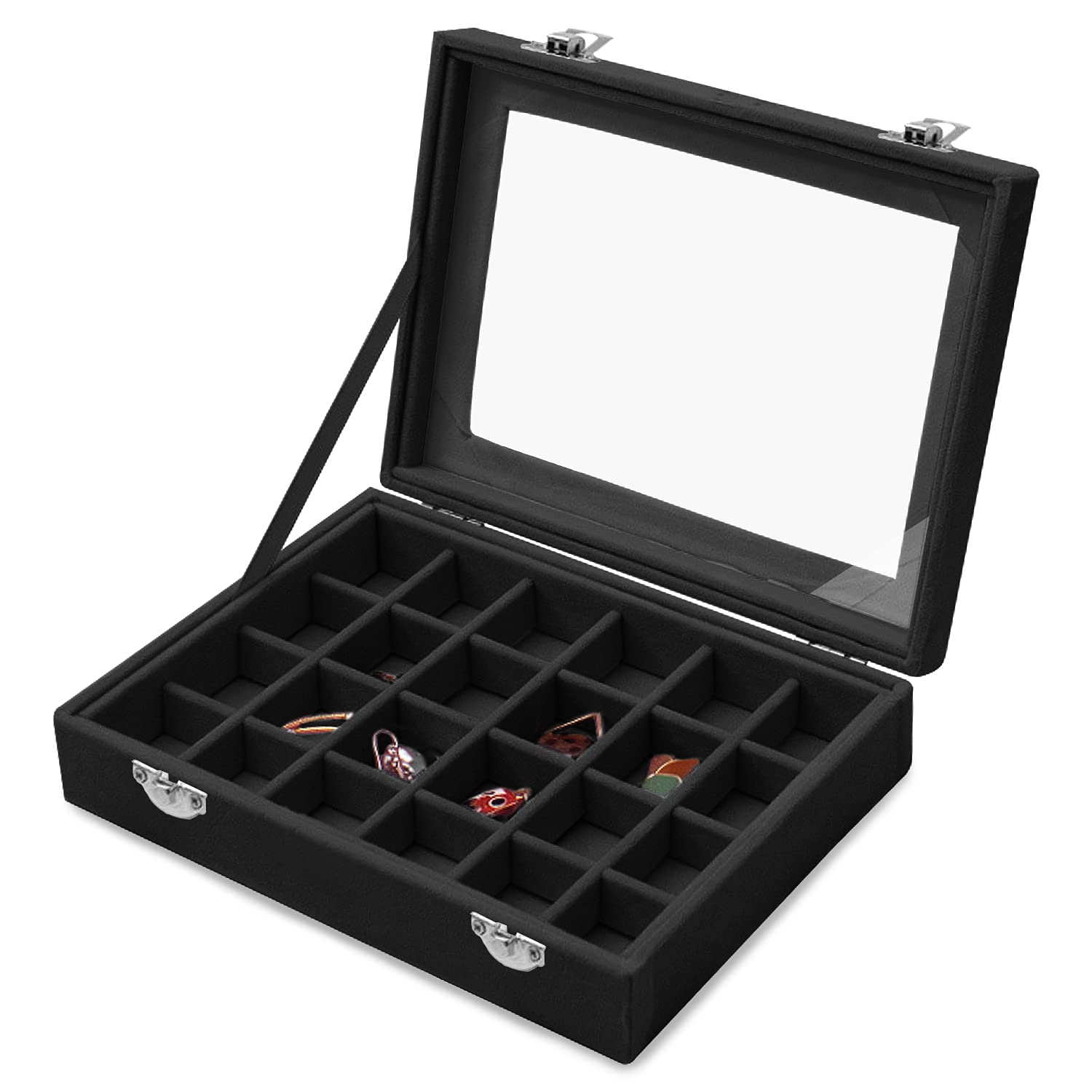 Lainrrew 24 Grid Velvet Jewelry Organizer Box - Jewelry Display Case for Earrings, Rings, Necklaces & Bracelets - Elegant Storage Solution for Women & Girls (Black) | Perfect for Travel, Home Vanity & Gift Giving