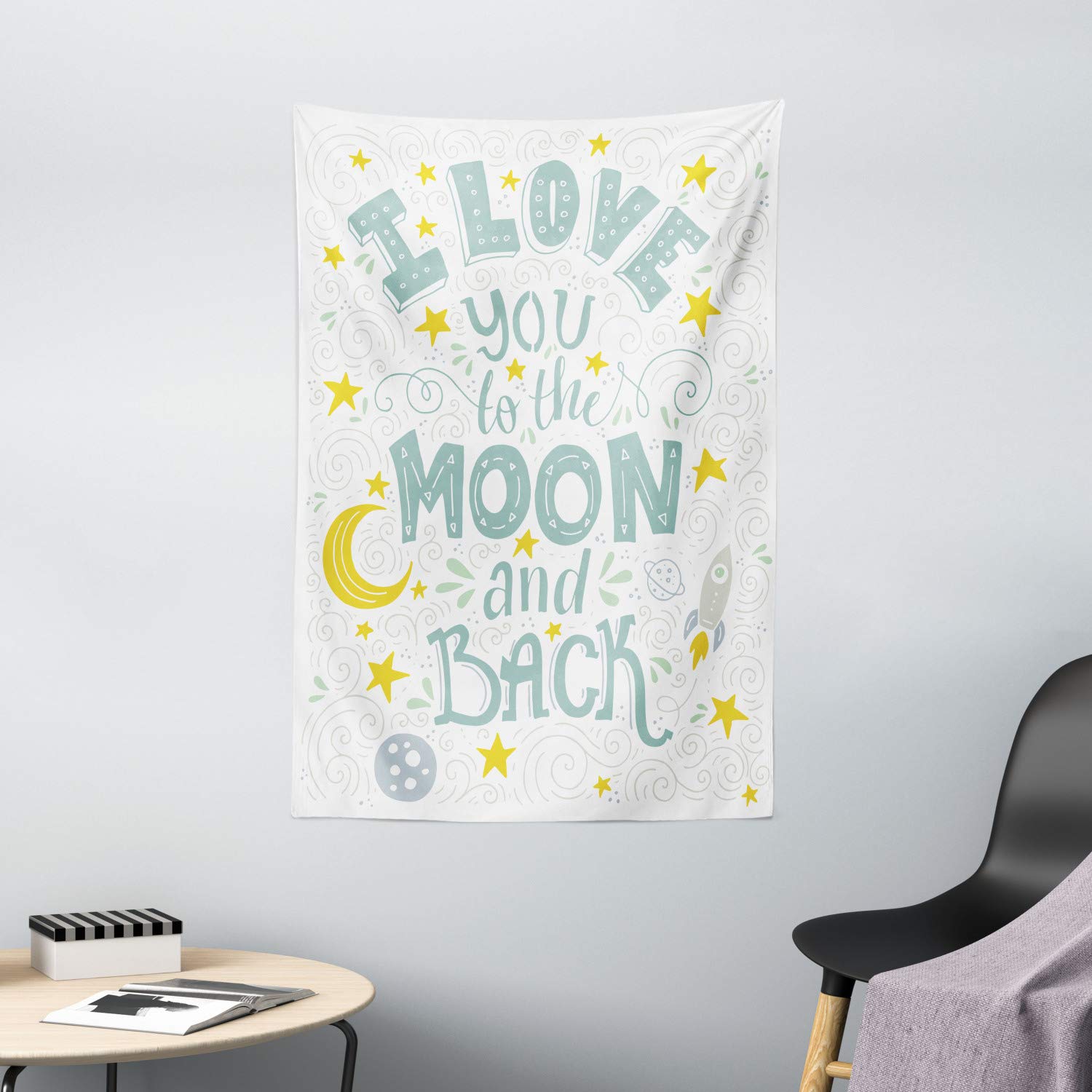 Ambesonne 'I Love You to the Moon and Back' Galaxy Tapestry - Crescent Moon, Stars & Planets Space Design - 40x60 Inch Wall Hanging for Bedroom, Living Room, Dorm Decor - White Pale Seafoam - Perfect for Space Theme Rooms & Romantic Gifts