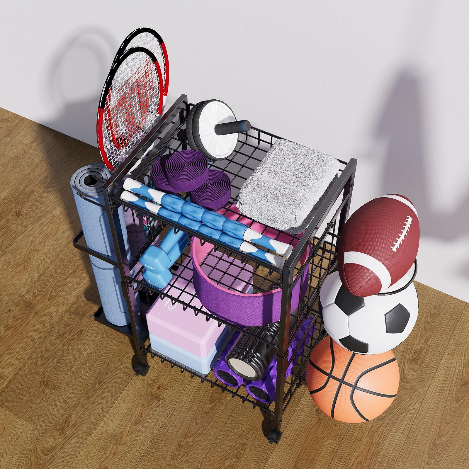 Premium Yoga Mat Storage Rack with Wheels & Hooks - Heavy Duty Home Gym Organizer for Yoga Mats & Fitness Equipment - Space Saving Workout Gear Storage Cart for Home Exercise, Yoga Studio & Gym Organization