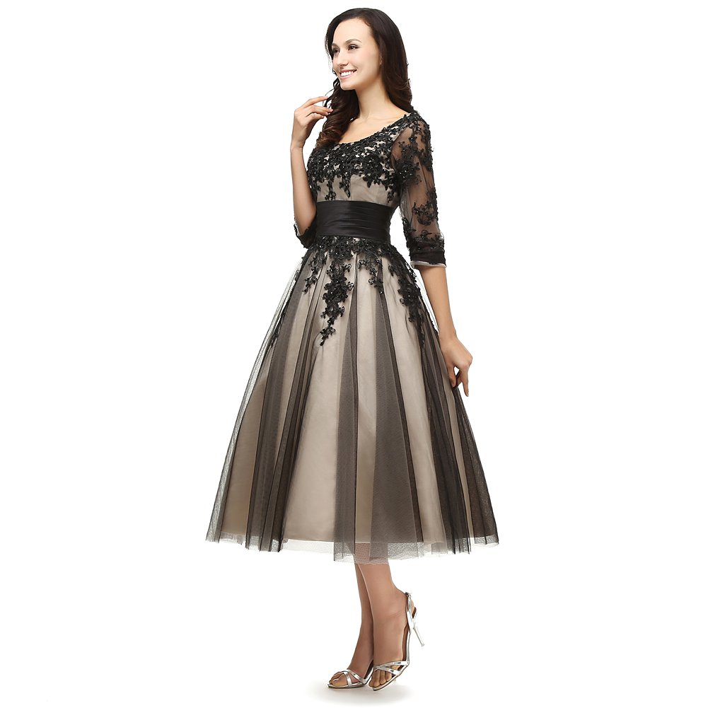 Kivary Women's Sheer Vintage Half Sleeve Champagne & Black Formal Dress for Mother of the Bride - Elegant Wedding Guest, Cocktail Party & Special Occasion Attire